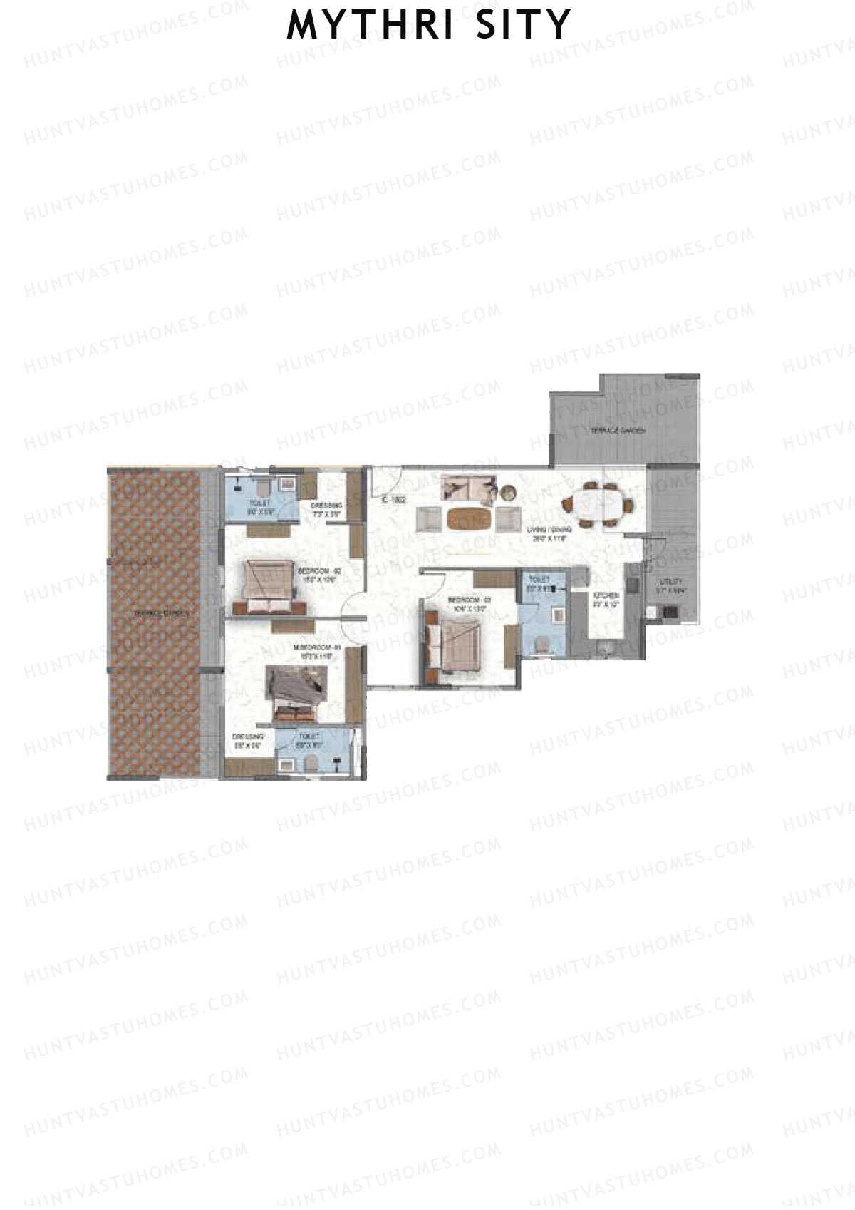 Mythri Sity, Tower 2 Block C, Unit C2, 3BHK, Super Area 1900   sq ft 
