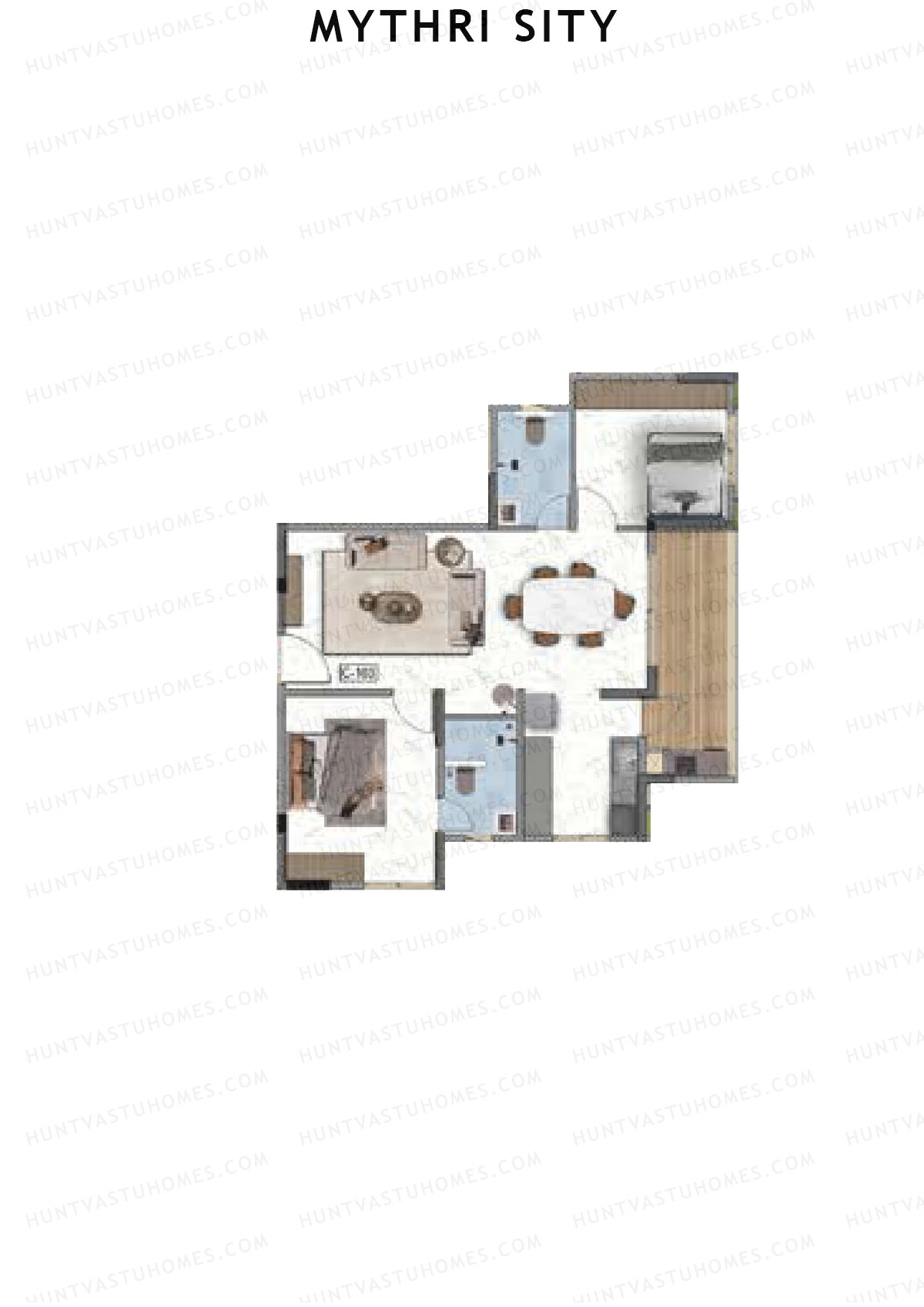 Mythri Sity, Tower 2 Block C, Unit C3, 2BHK, Super Area 1186   sq ft 