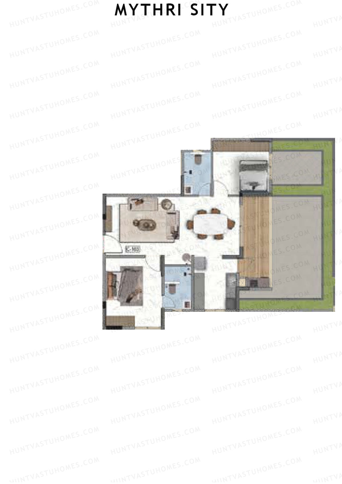 Mythri Sity, Tower 2 Block C, Unit C3, 2BHK, Super Area 1186   sq ft 