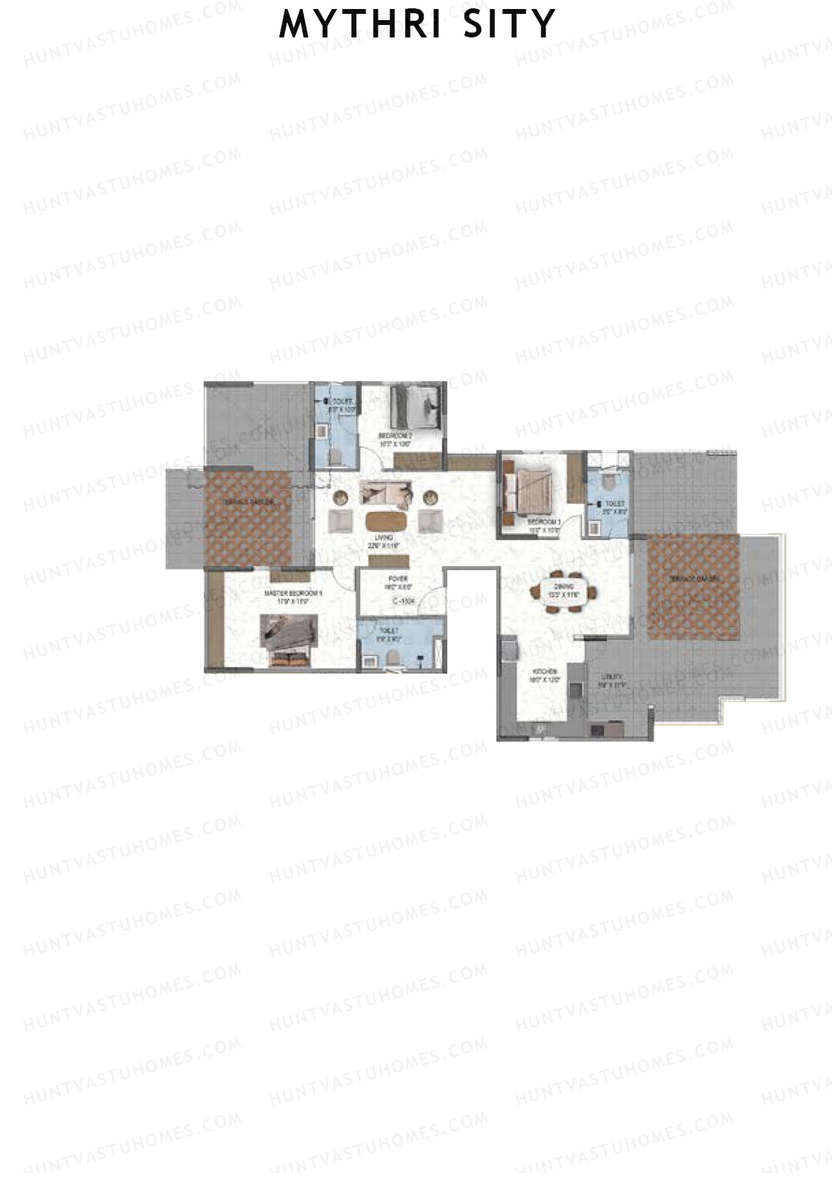 Mythri Sity, Tower 2 Block C, Unit C4, 3BHK, Super Area 1957   sq ft 