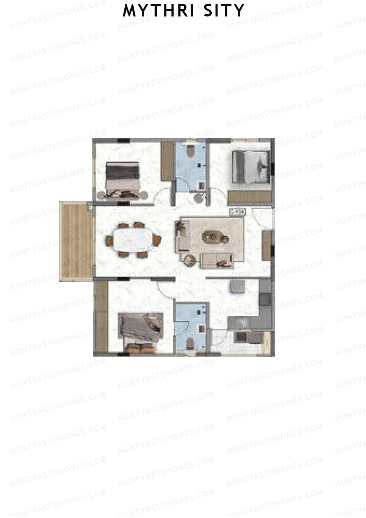 Mythri Sity, Tower 2 Block C, Unit C6, 3BHK, Super Area 1497   sq ft 