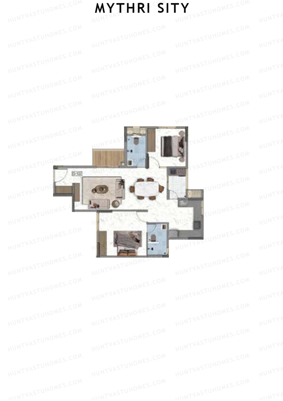 Mythri Sity, Tower 2 Block D, Unit D2, 2BHK, Super Area 1238   sq ft 