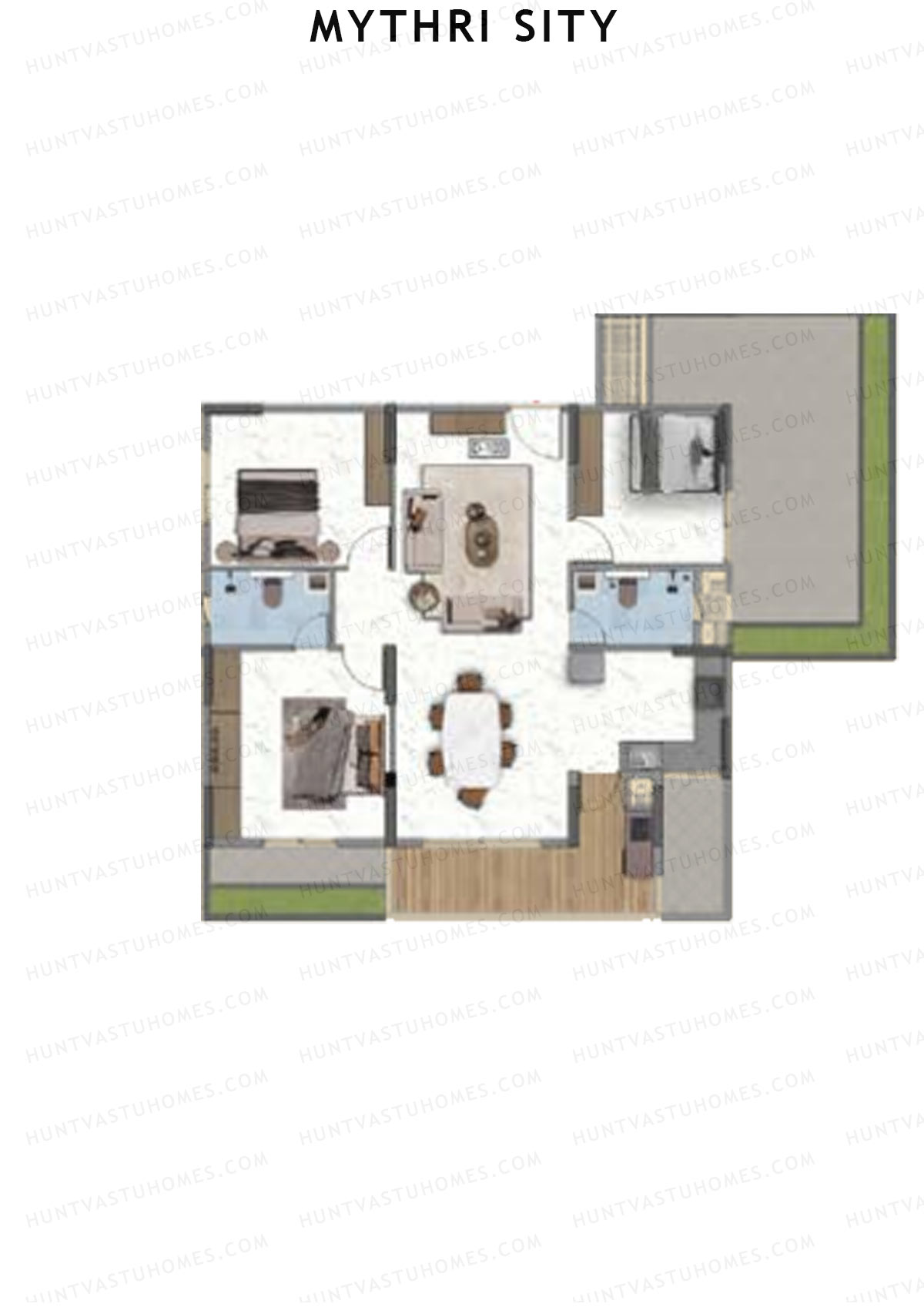 Mythri Sity, Tower 2 Block D, Unit D3, 3BHK, Super Area 1485   sq ft 