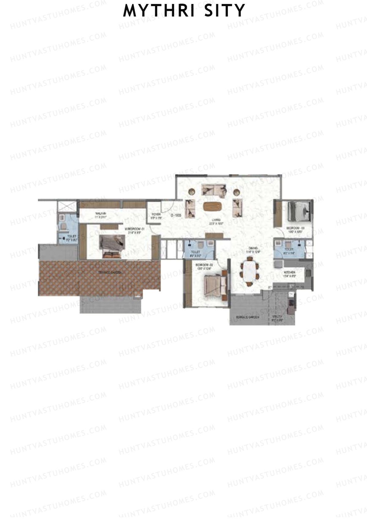 Mythri Sity, Tower 2 Block D, Unit D3, 3BHK, Super Area 2397   sq ft 