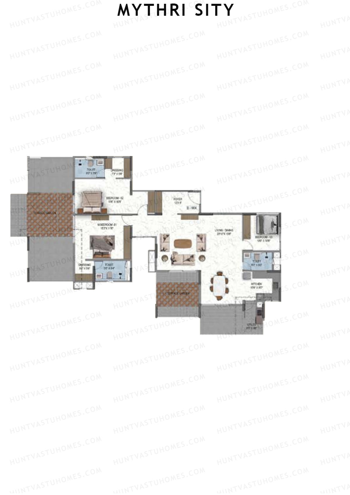 Mythri Sity, Tower 2 Block D, Unit D4, 3BHK, Super Area 2156   sq ft 