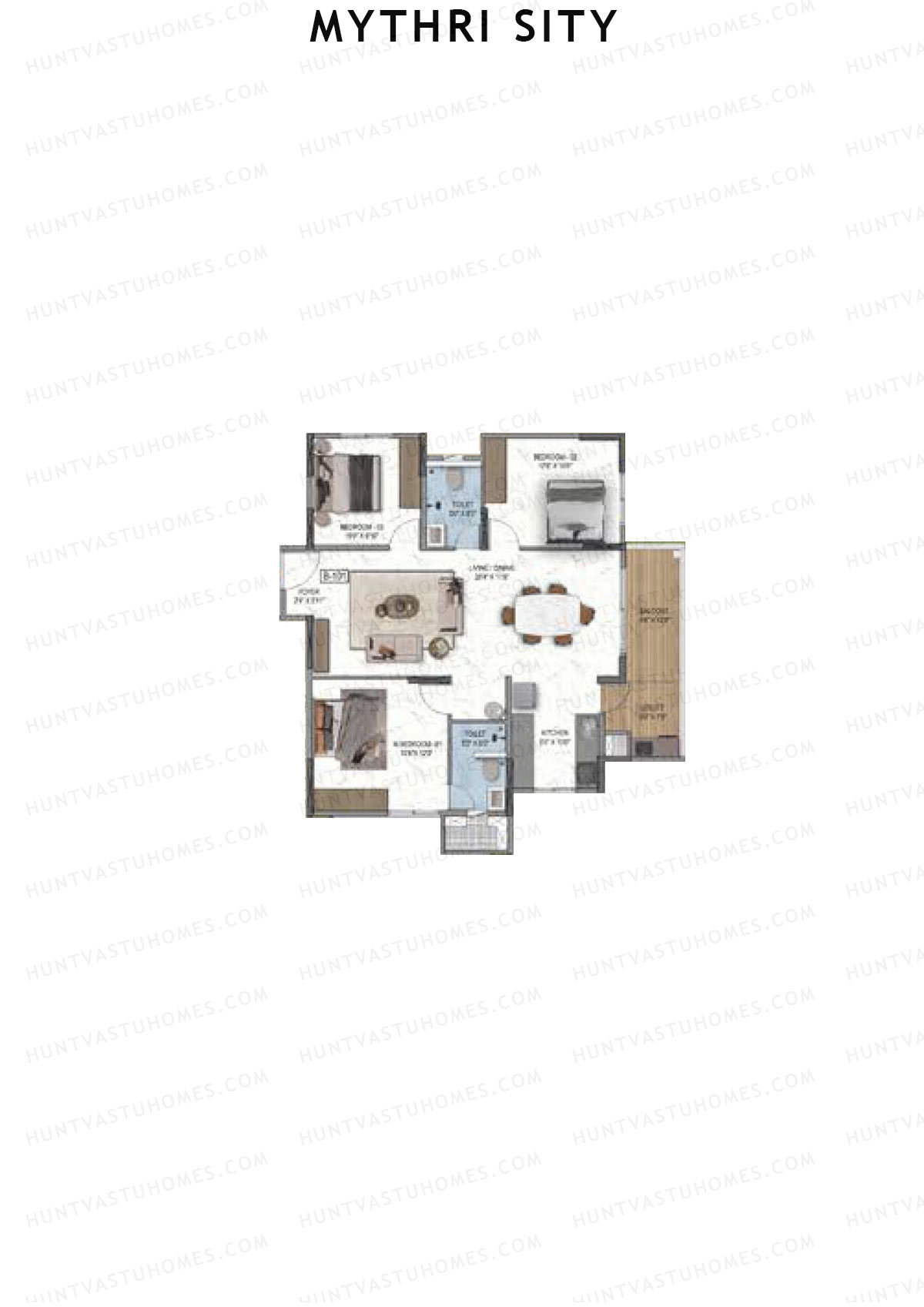 Mythri Sity, Tower 1 Block A, Unit B1, 3BHK, Super Area 1523   sq ft 