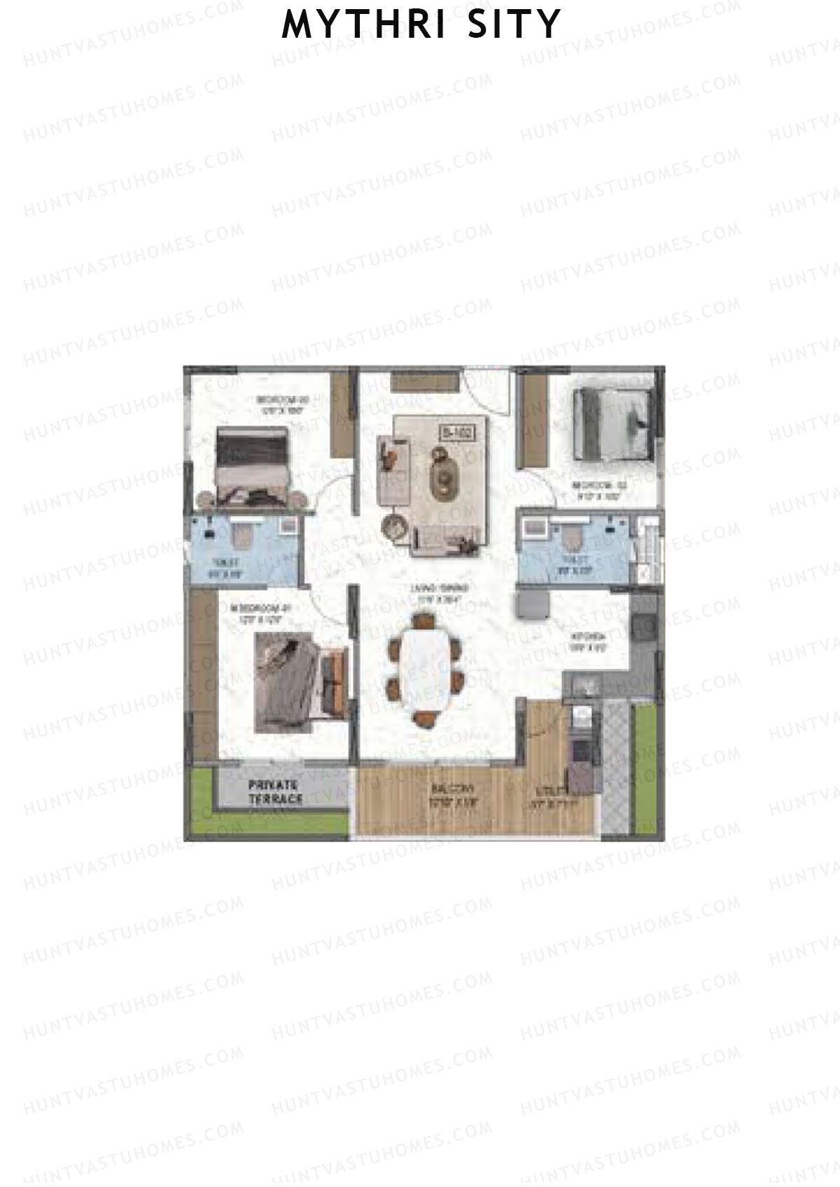Mythri Sity, Tower 1 Block A, Unit B2, 3BHK, Super Area 1497   sq ft 