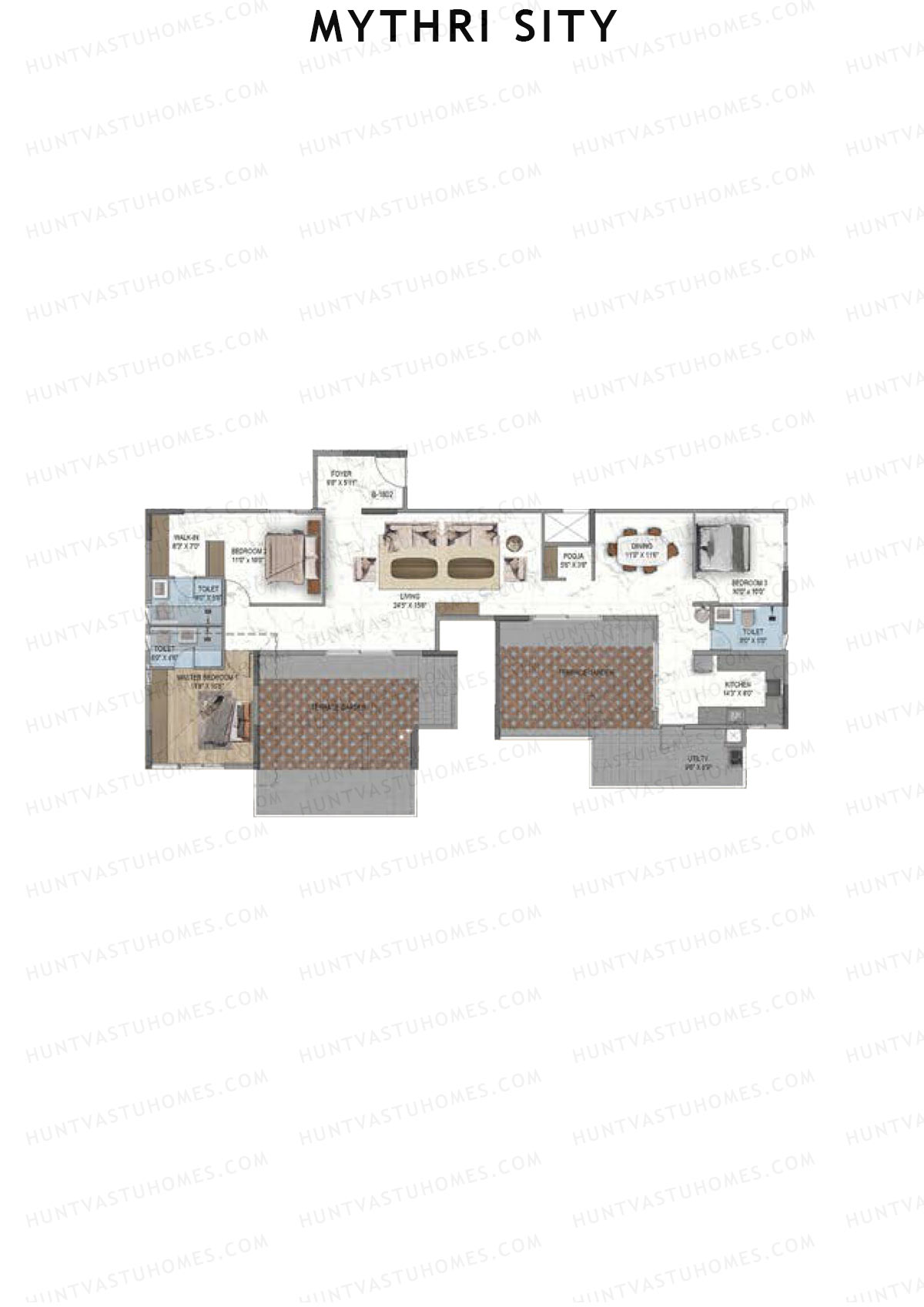 Mythri Sity, Tower 1 Block A, Unit B2, 3BHK, Super Area 2059   sq ft 