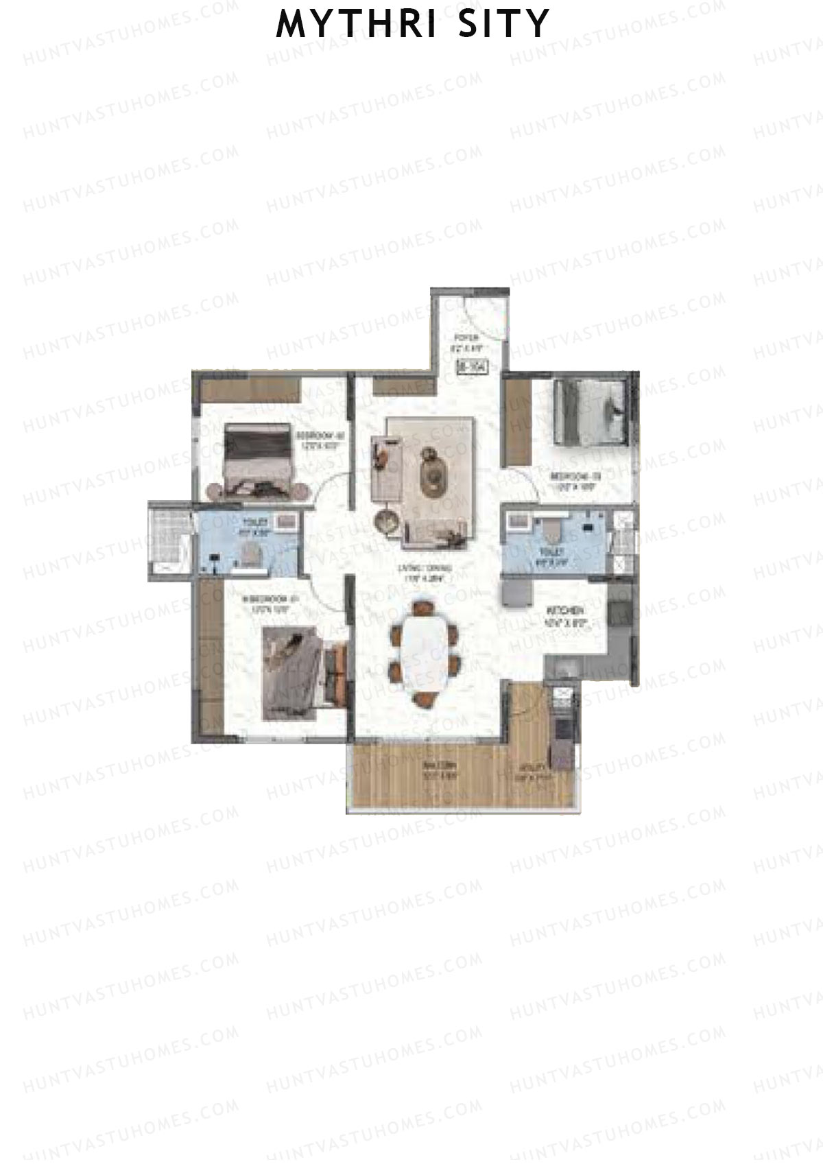 Mythri Sity, Tower 1 Block A, Unit B4, 3BHK, Super Area 1552   sq ft 