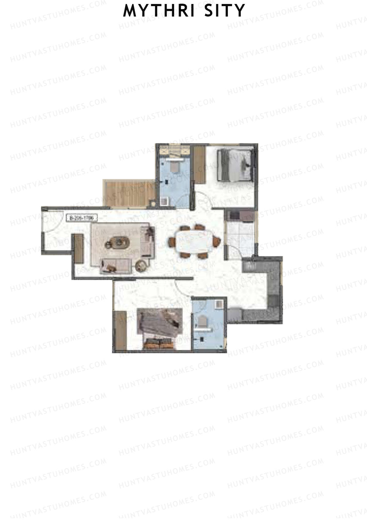 Mythri Sity, Tower 1 Block A, Unit B4, 2BHK, Super Area 1233   sq ft 