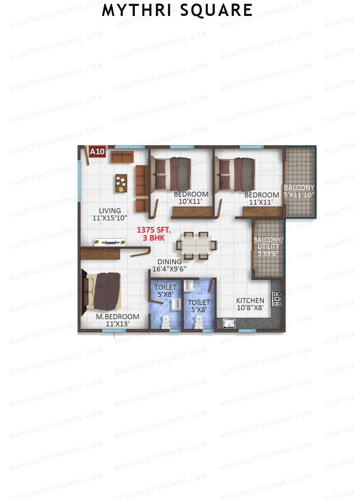 Mythri Square, Block A, Unit A10, 3BHK, Super Area 1375   sq ft 