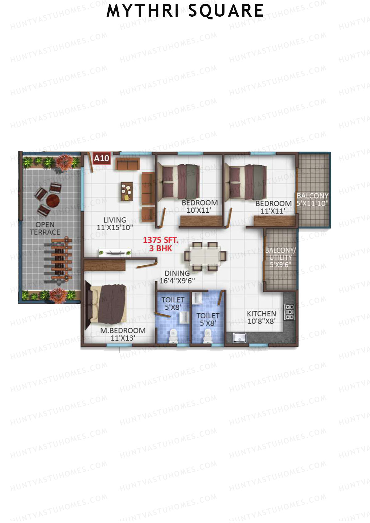 Mythri Square, Block A, Unit A10, 3BHK, Super Area 1375   sq ft 