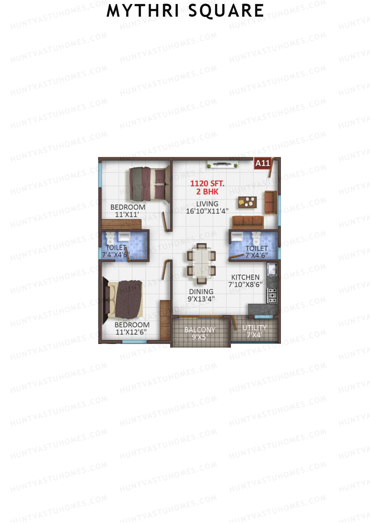 Mythri Square, Block A, Unit A12, 2BHK, Super Area 1120   sq ft 