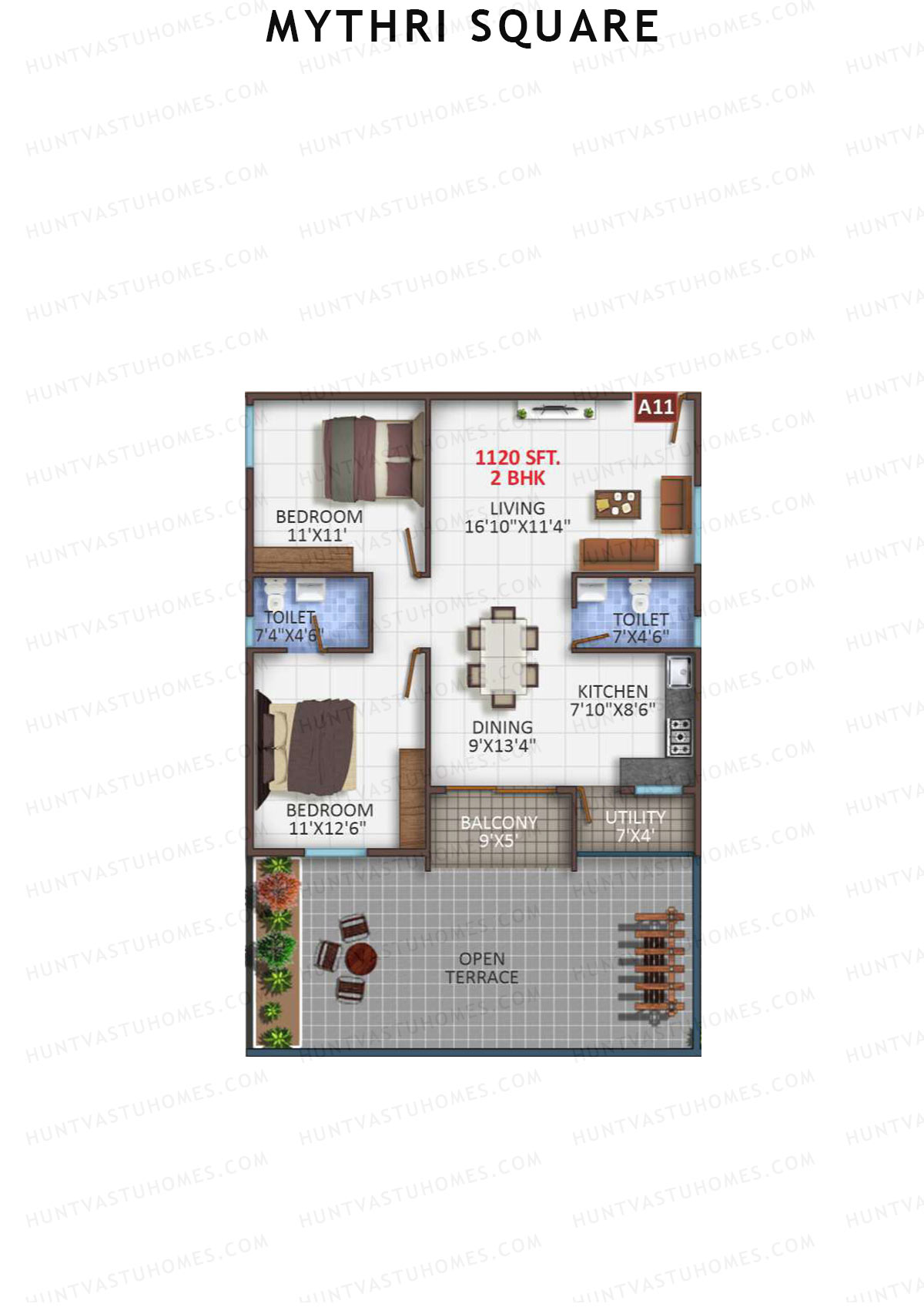 Mythri Square, Block A, Unit A12, 2BHK, Super Area 1120   sq ft 