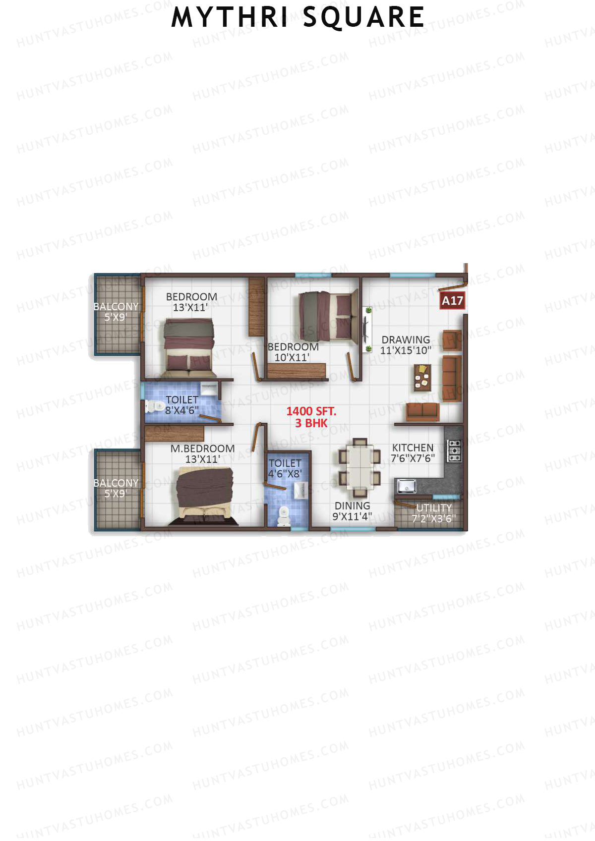 Mythri Square, Block A, Unit A17, 3BHK, Super Area 1400   sq ft 