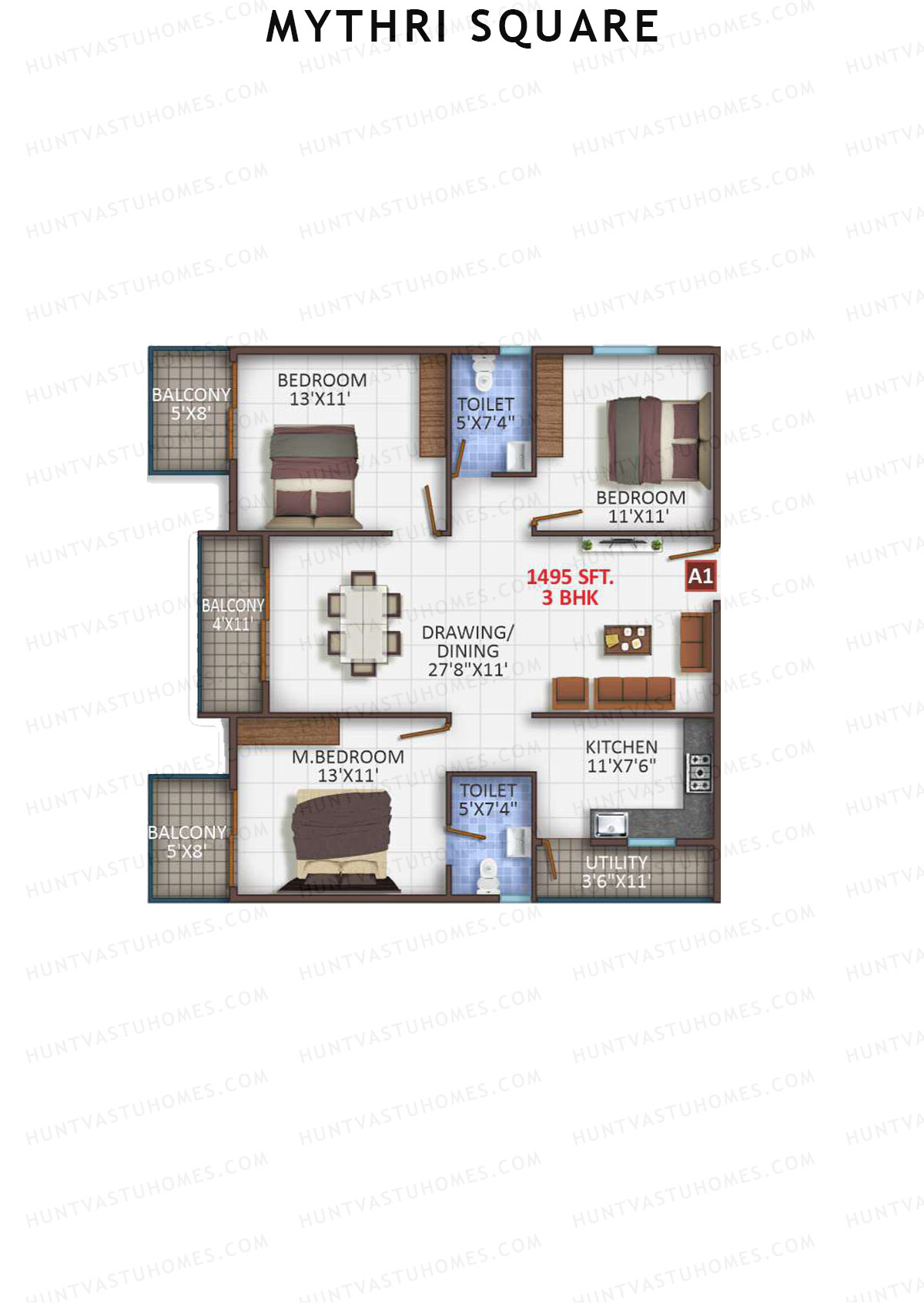 Mythri Square, Block A, Unit A1, 3BHK, Super Area 1495   sq ft 