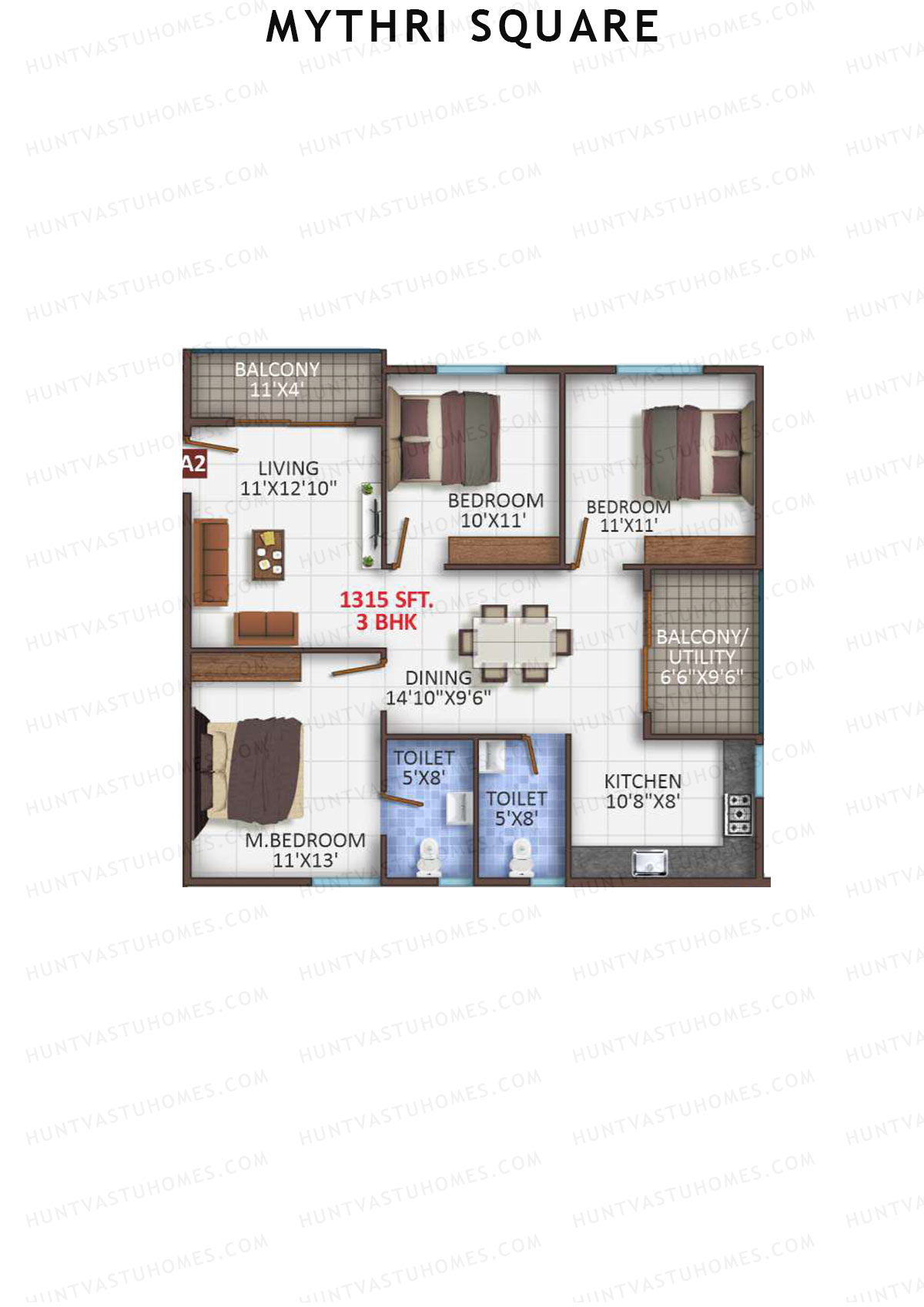 Mythri Square, Block A, Unit A2, 3BHK, Super Area 1315   sq ft 