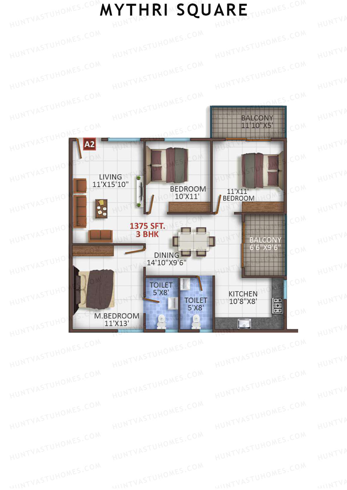 Mythri Square, Block A, Unit A2, 3BHK, Super Area 1375   sq ft 