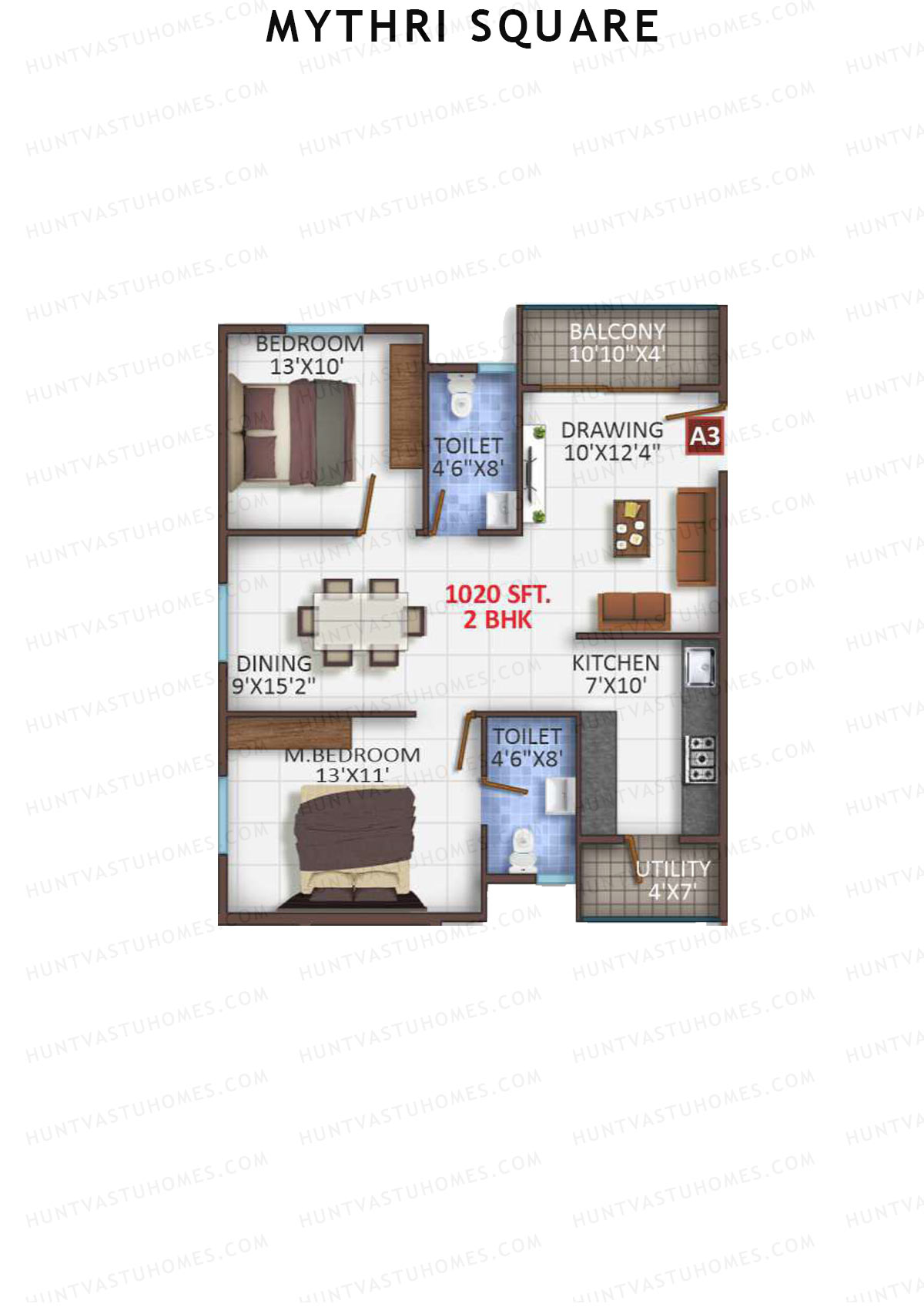 Mythri Square, Block A, Unit A3, 2BHK, Super Area 1020   sq ft 