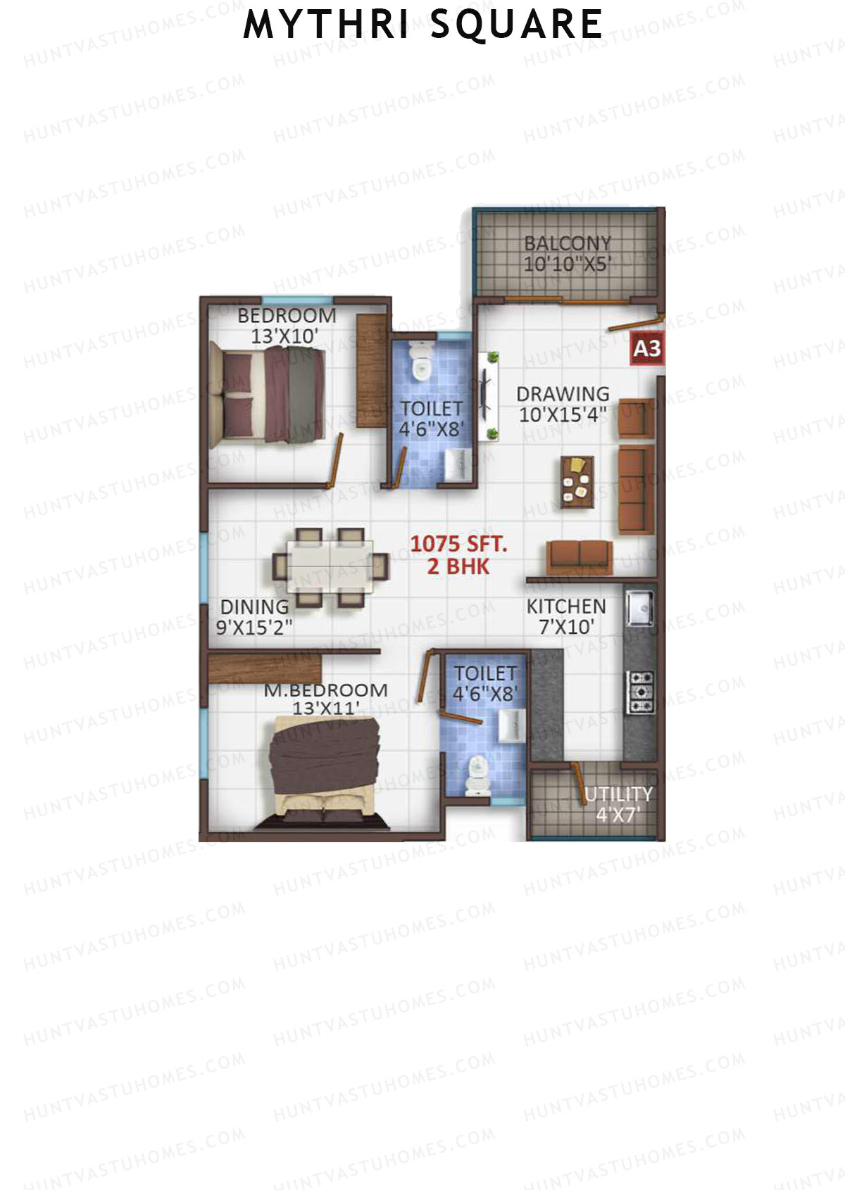 Mythri Square, Block A, Unit A3, 2BHK, Super Area 1075   sq ft 