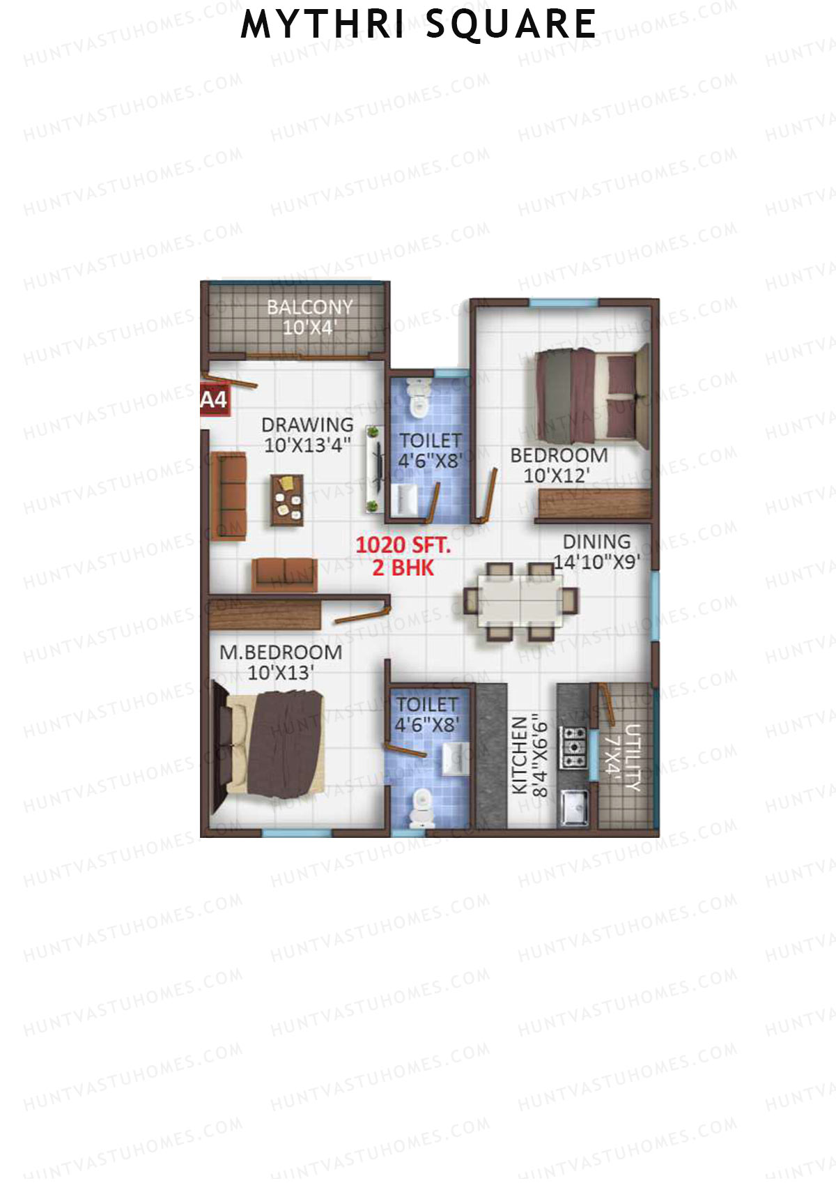 Mythri Square, Block A, Unit A4, 2BHK, Super Area 1020   sq ft 