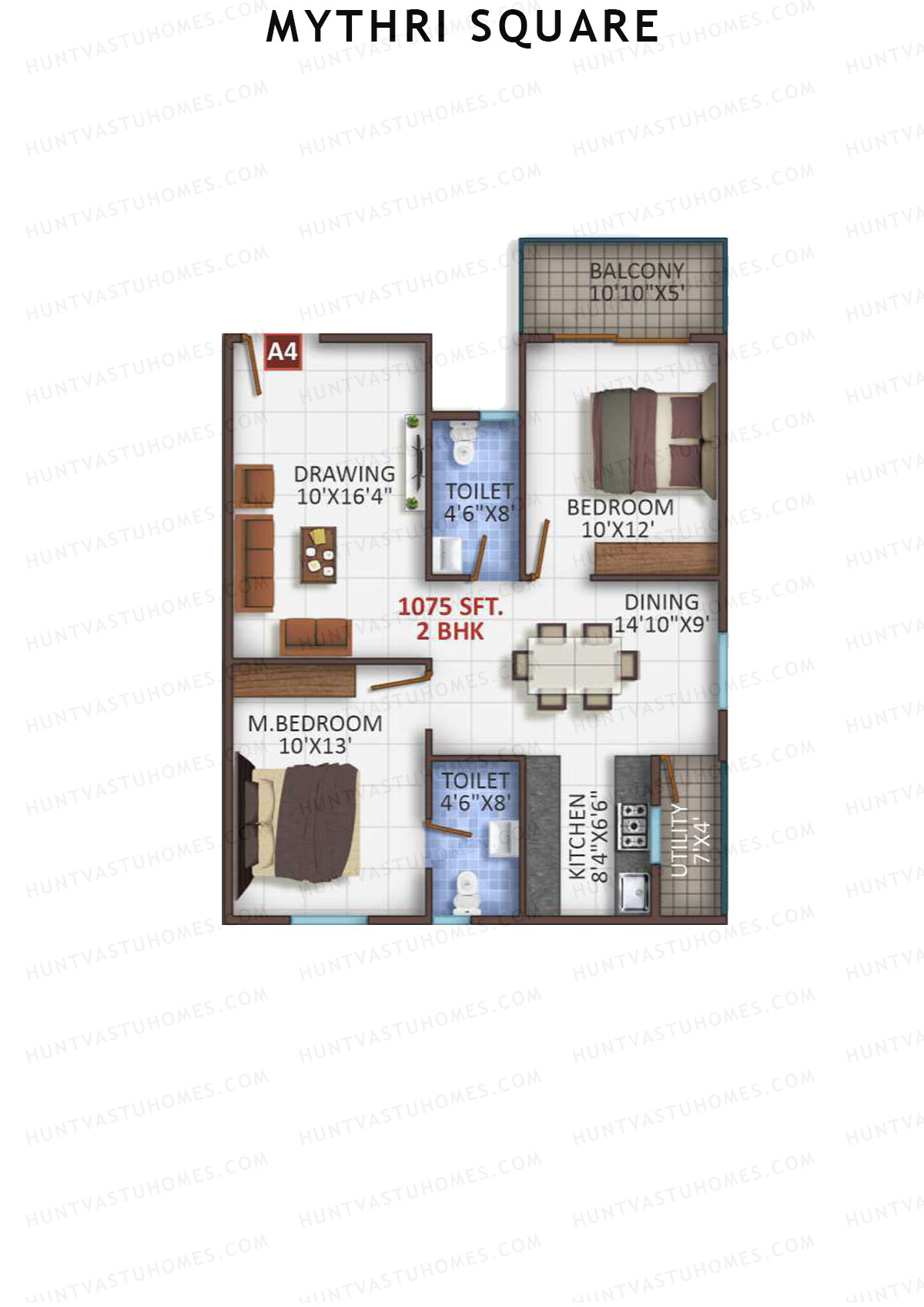 Mythri Square, Block A, Unit A6, 2BHK, Super Area 1075   sq ft 