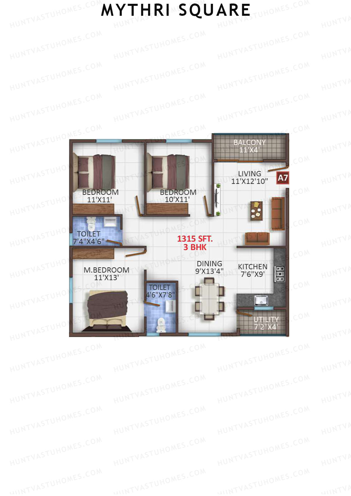 Mythri Square, Block A, Unit A7, 3BHK, Super Area 1315   sq ft 