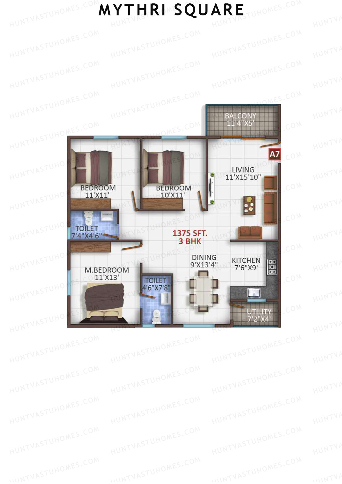 Mythri Square, Block A, Unit A7, 3BHK, Super Area 1375   sq ft 