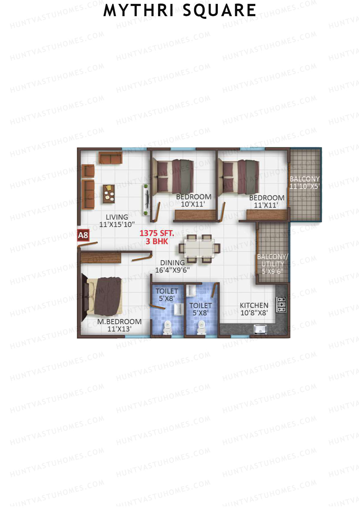 Mythri Square, Block A, Unit A8, 3BHK, Super Area 1375   sq ft 