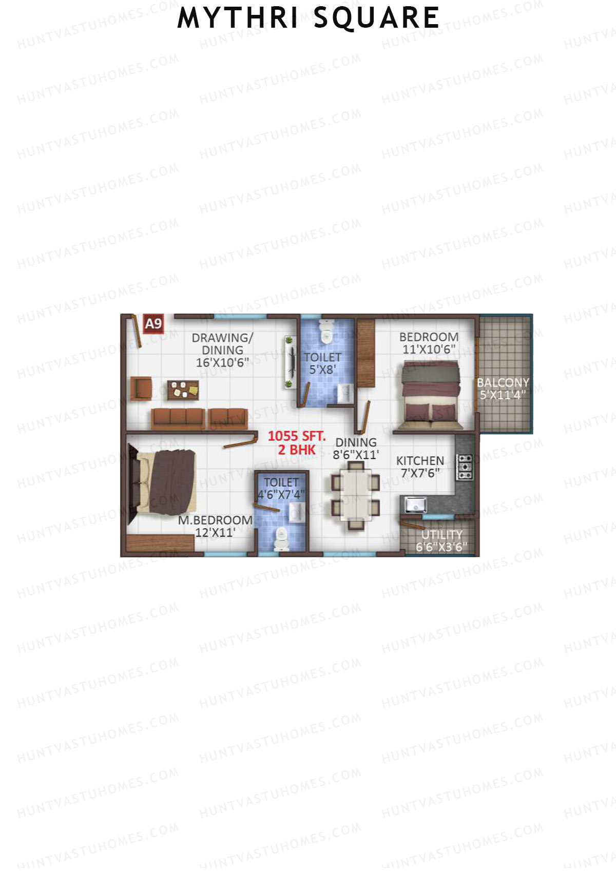 Mythri Square, Block A, Unit A9, 2BHK, Super Area 1055   sq ft 