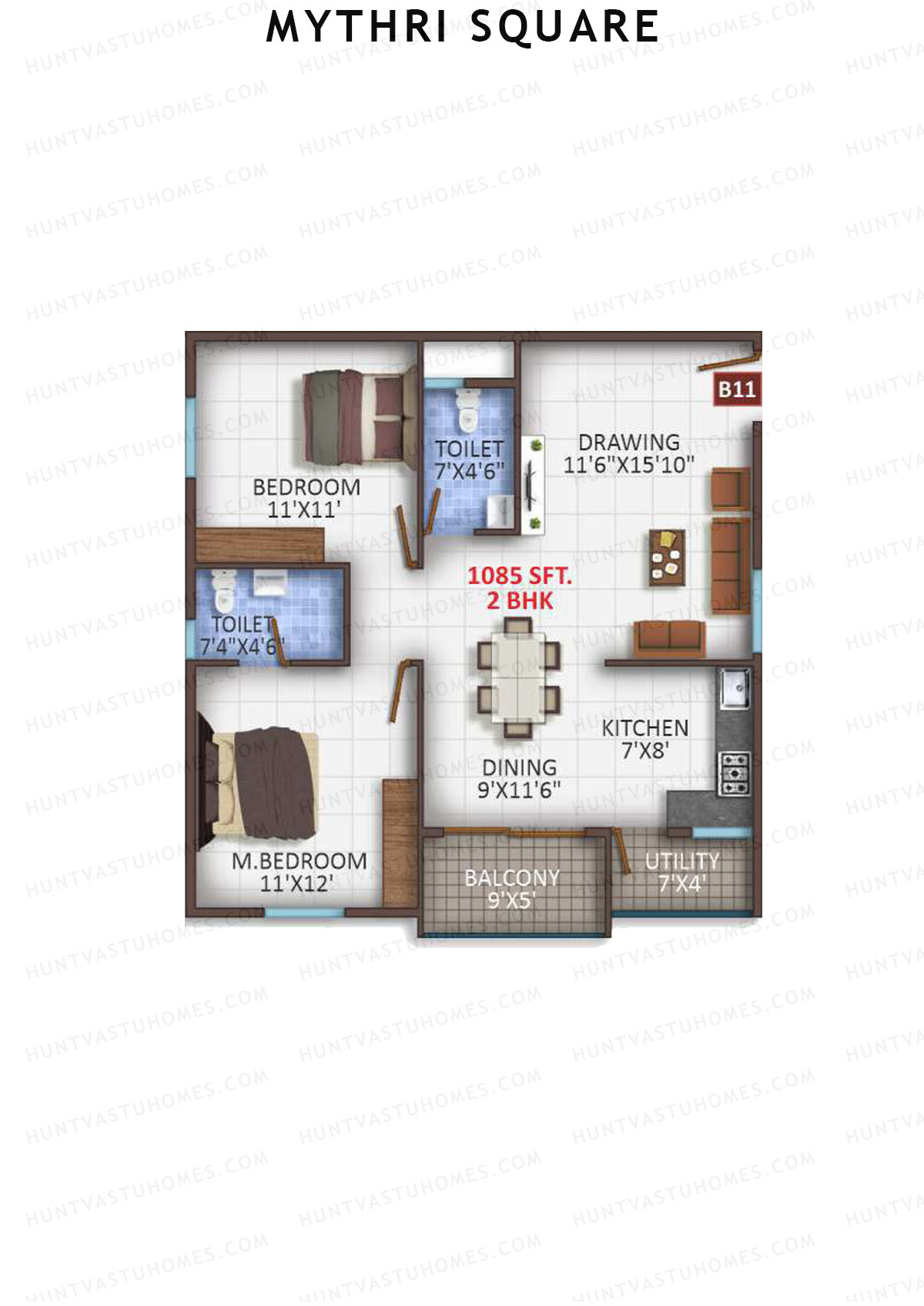 Mythri Square, Block B, Unit B11, 2BHK, Super Area 1085   sq ft 