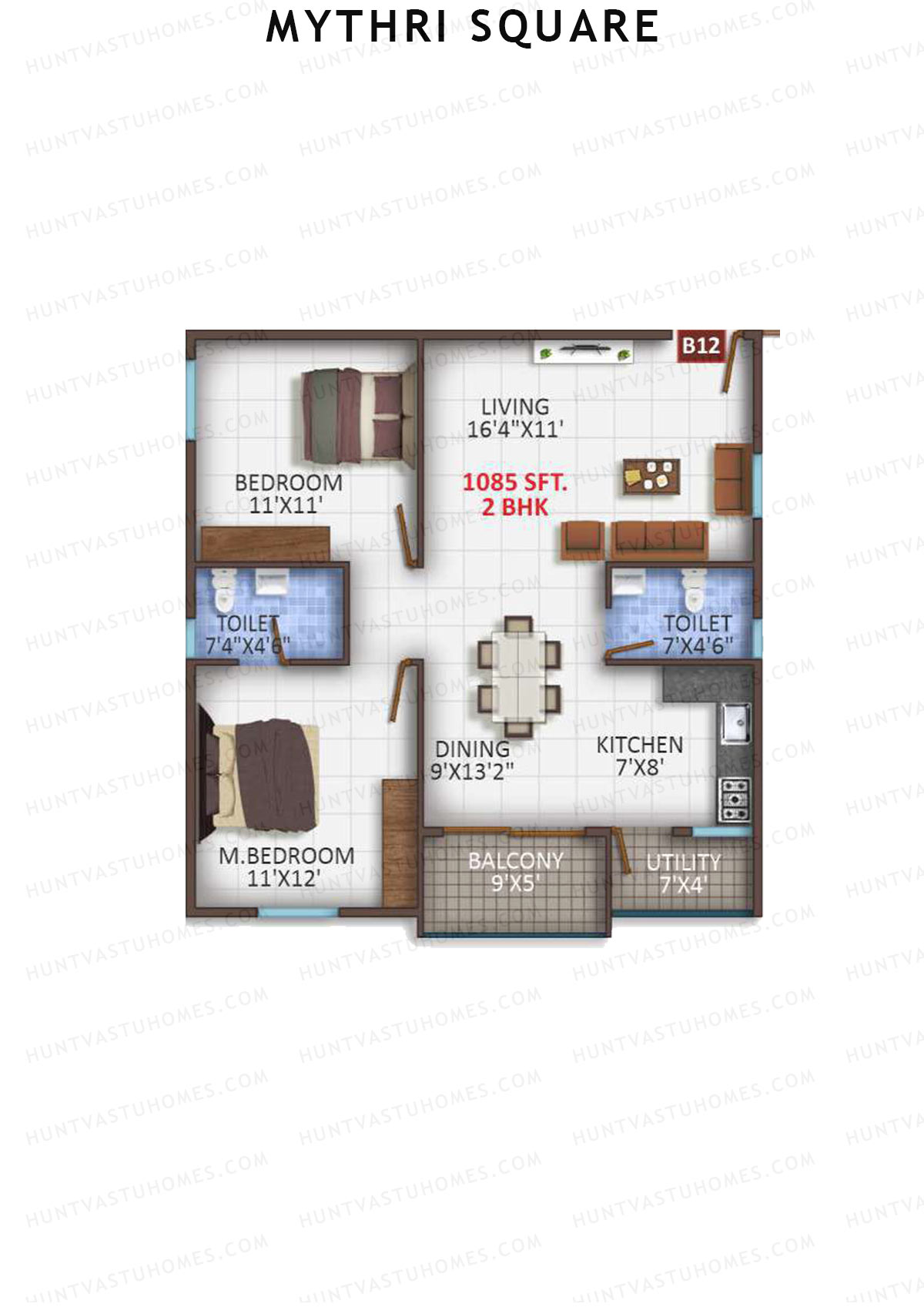 Mythri Square, Block B, Unit B13, 2BHK, Super Area 1085   sq ft 