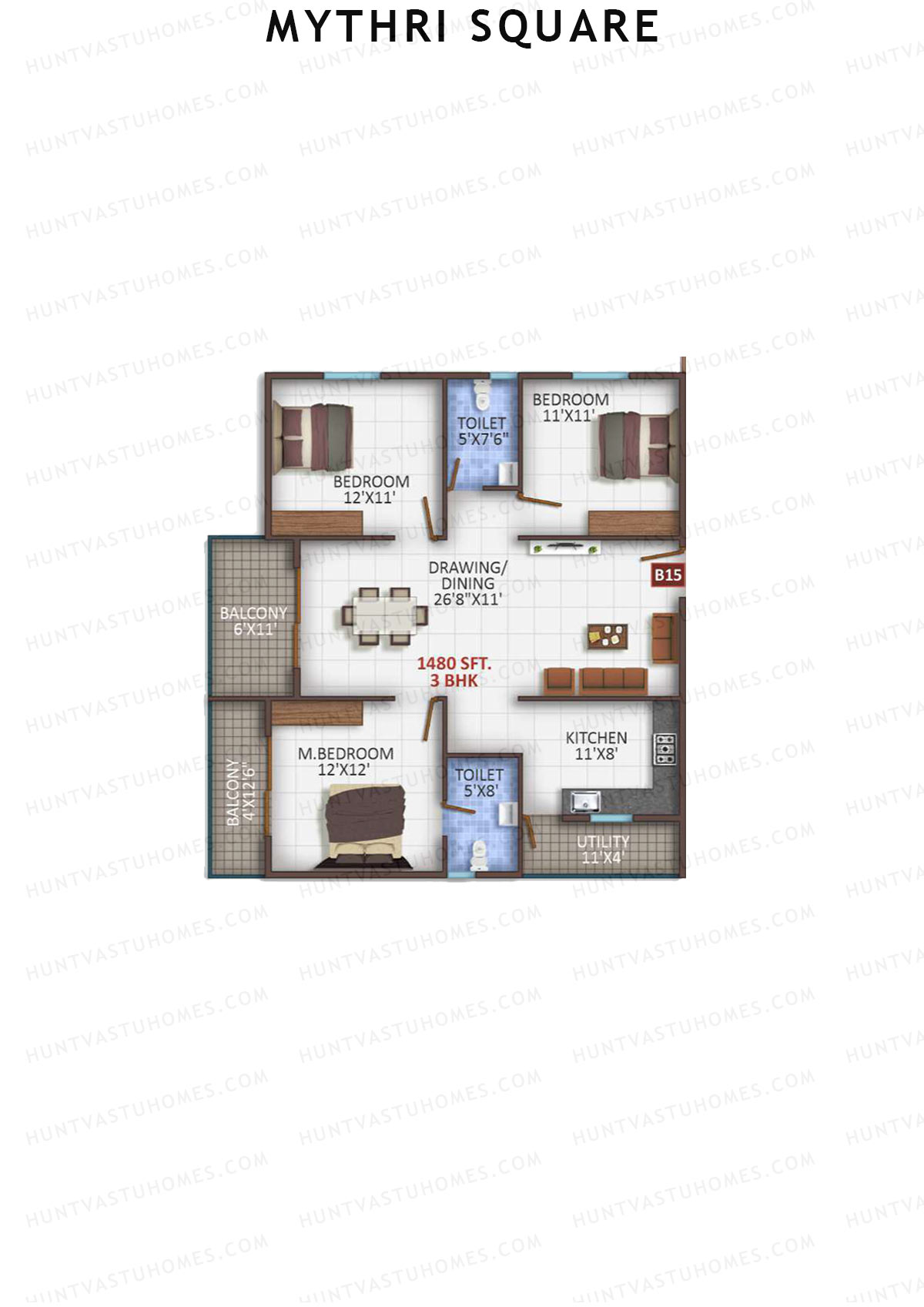 Mythri Square, Block B, Unit B15, 3BHK, Super Area 1480   sq ft 