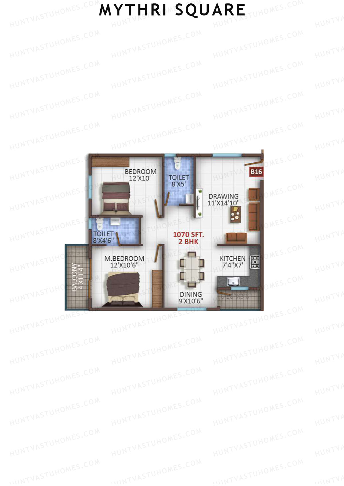 Mythri Square, Block B, Unit B16, 2BHK, Super Area 1070   sq ft 