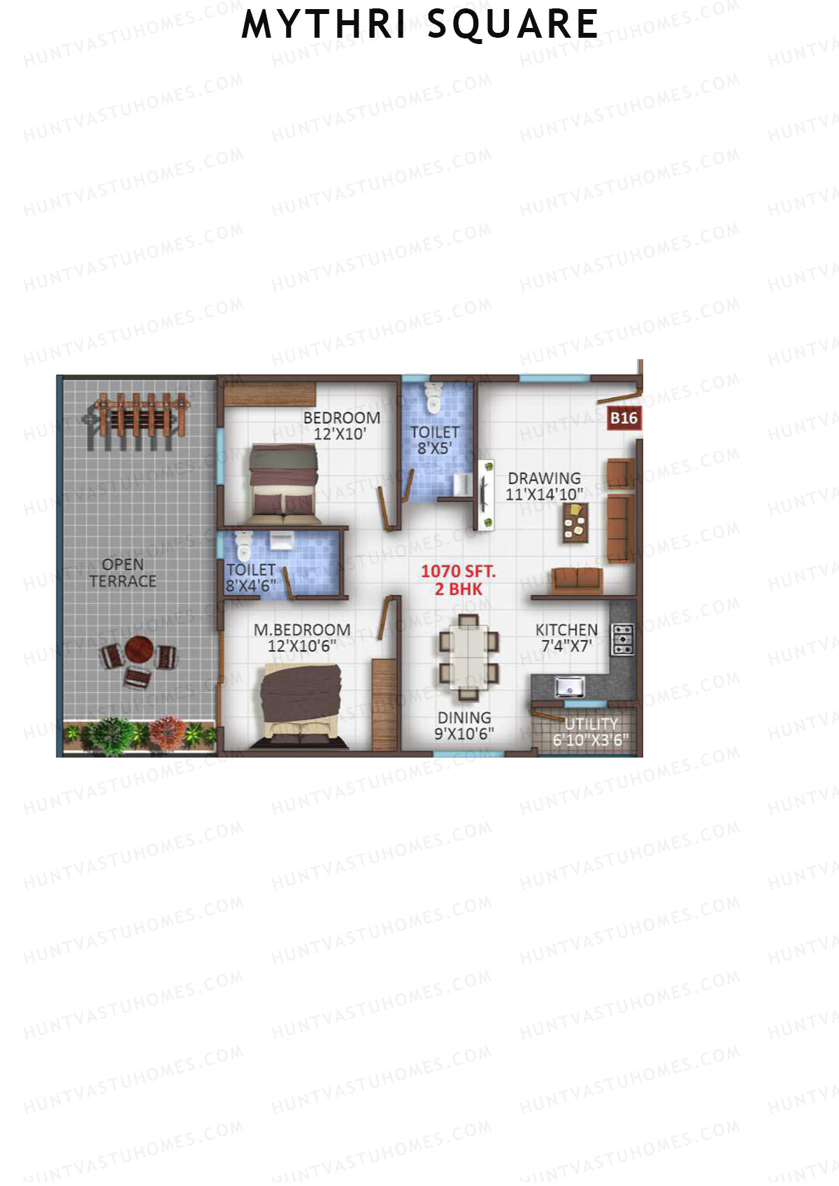 Mythri Square, Block B, Unit B16, 2BHK, Super Area 1070   sq ft 