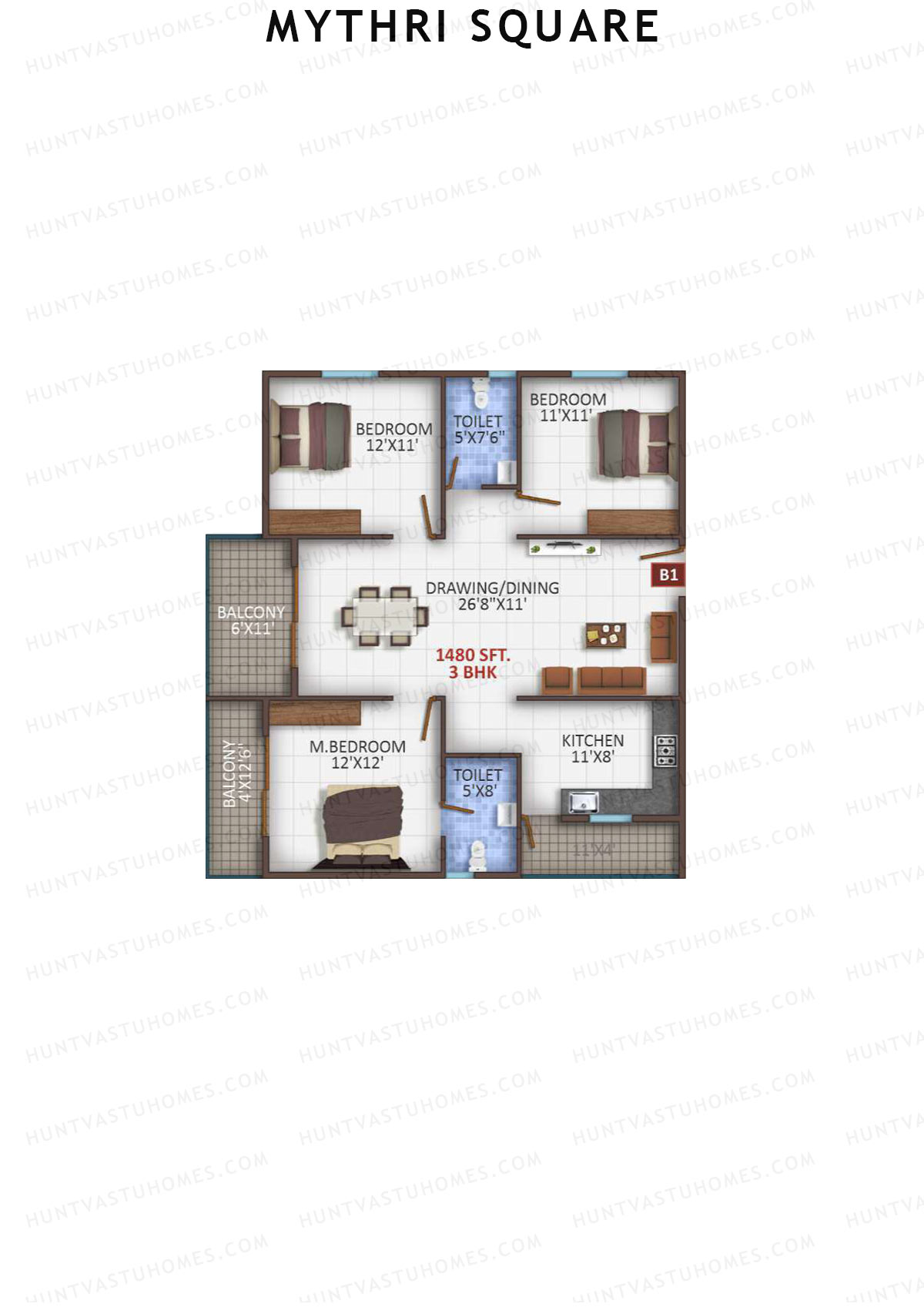 Mythri Square, Block B, Unit B1, 3BHK, Super Area 1480   sq ft 