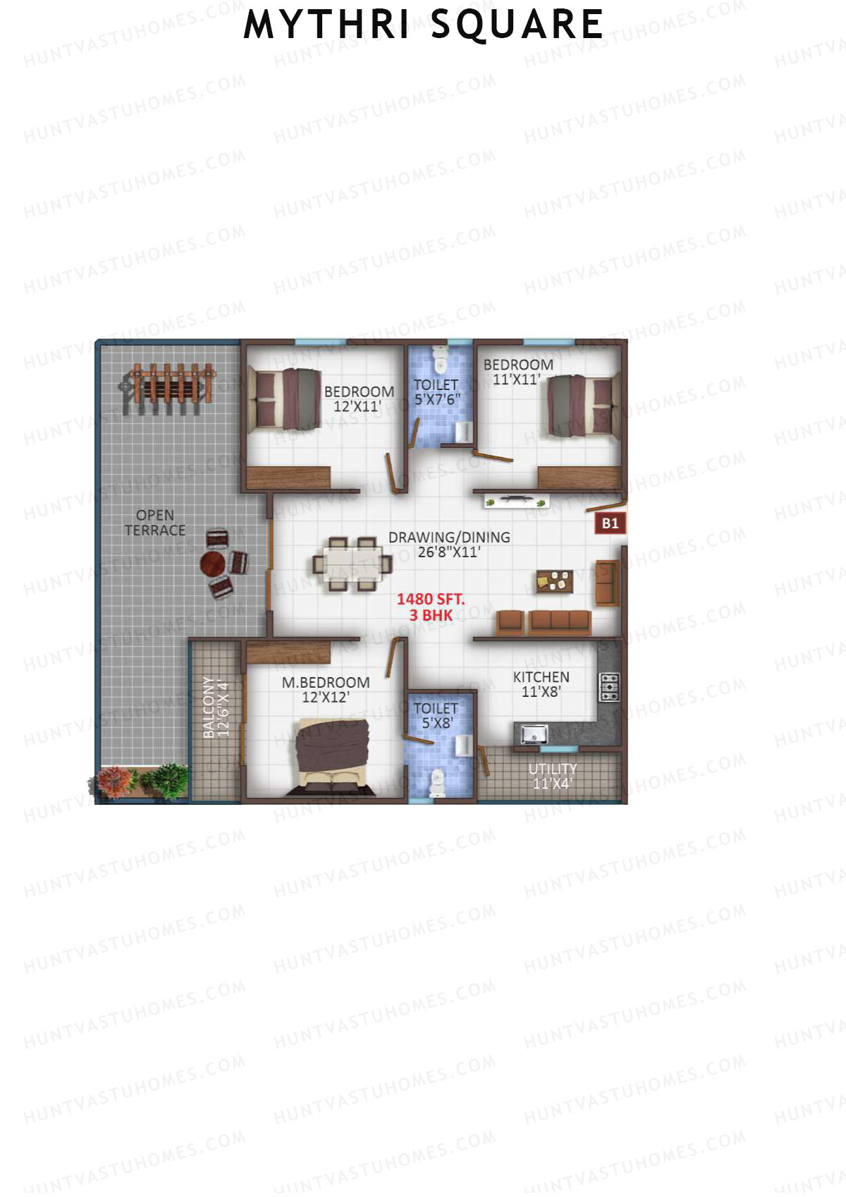 Mythri Square, Block B, Unit B1, 3BHK, Super Area 1480   sq ft 