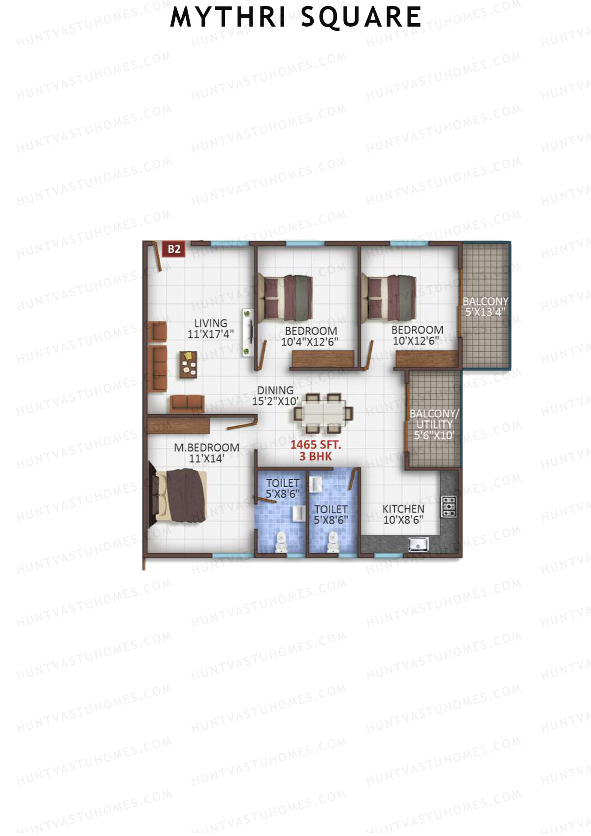 Mythri Square, Block B, Unit B2, 3BHK, Super Area 1465   sq ft 