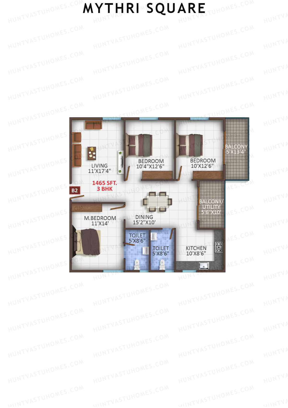 Mythri Square, Block B, Unit B2, 3BHK, Super Area 1465   sq ft 
