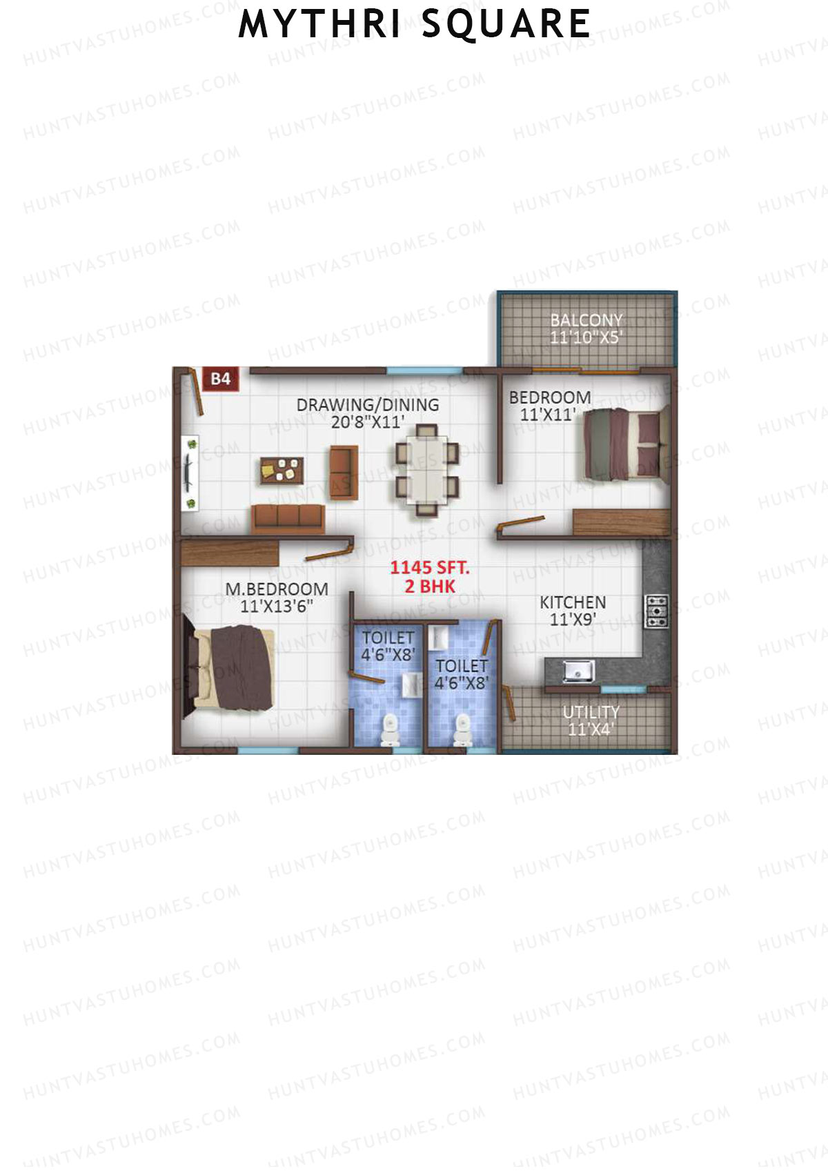 Mythri Square, Block B, Unit B4, 2BHK, Super Area 1145   sq ft 