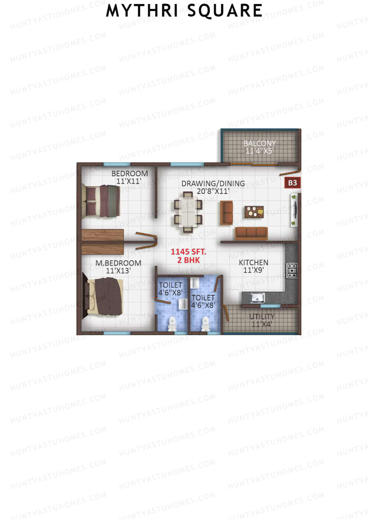 Mythri Square, Block B, Unit B5, 2BHK, Super Area 1145   sq ft 