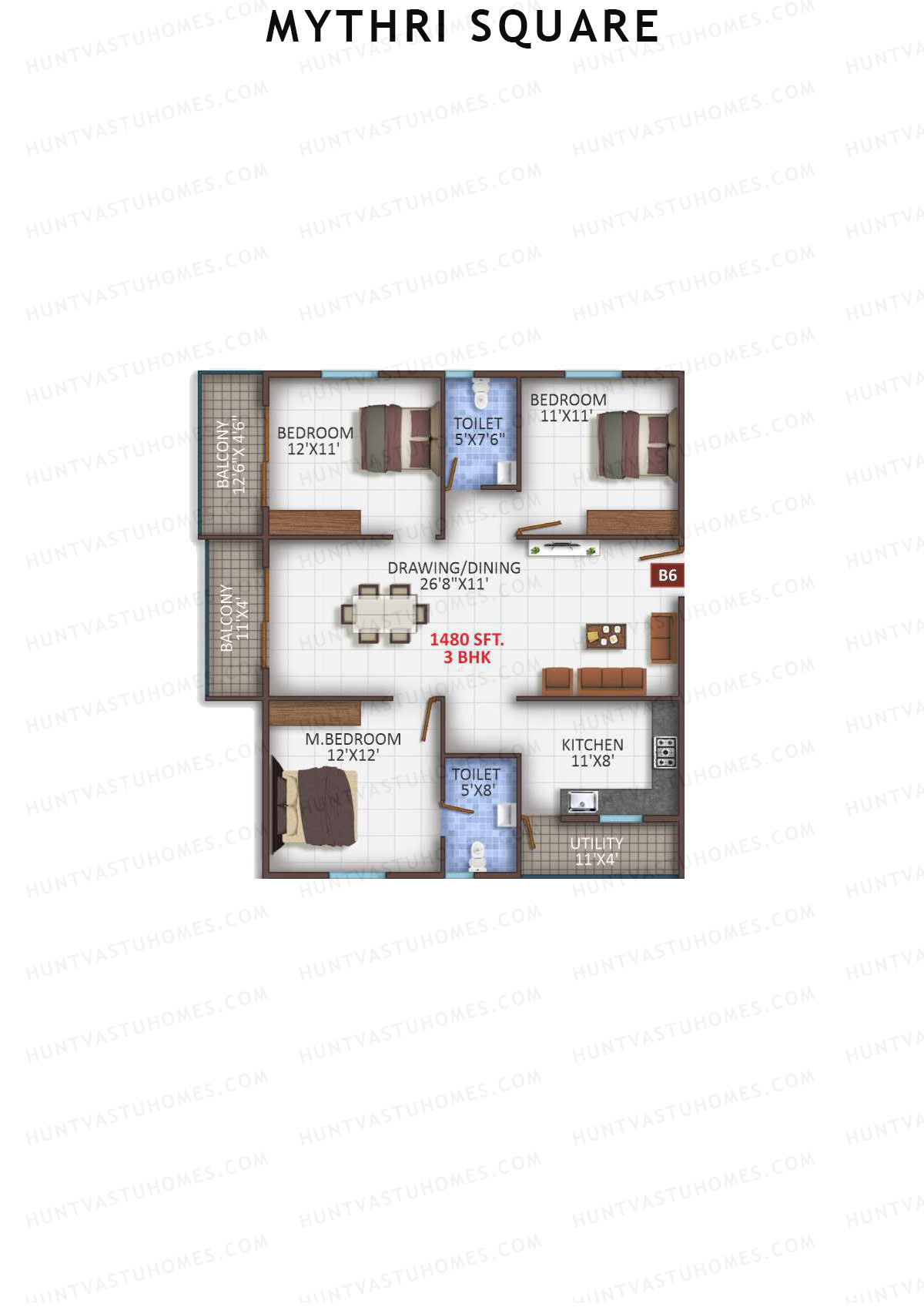 Mythri Square, Block B, Unit B6, 3BHK, Super Area 1480   sq ft 