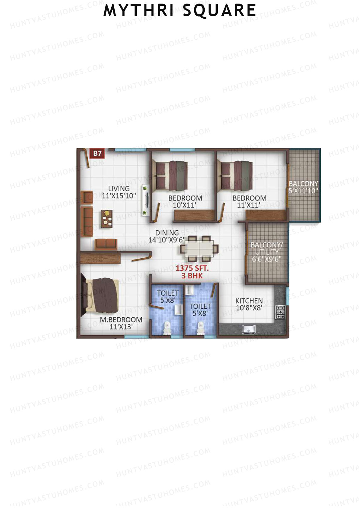 Mythri Square, Block B, Unit B7, 3BHK, Super Area 1375   sq ft 
