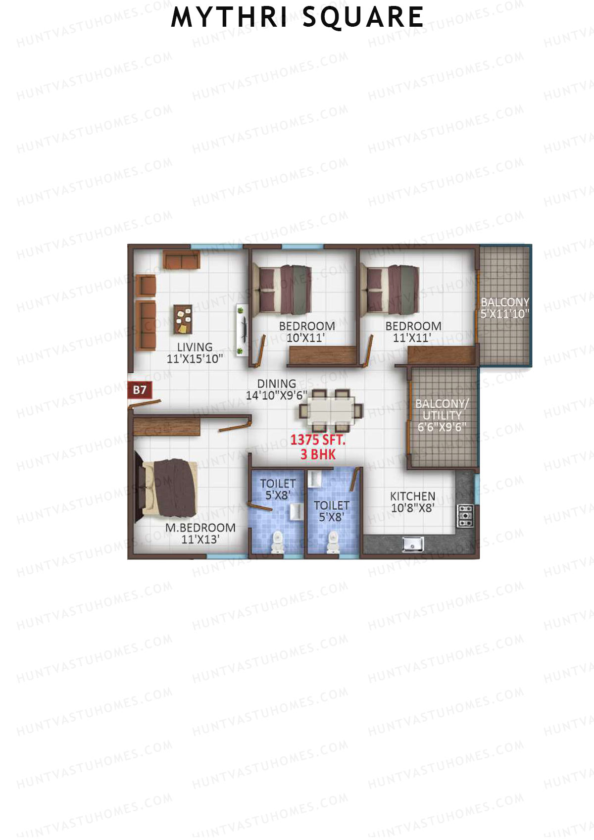 Mythri Square, Block B, Unit B7, 3BHK, Super Area 1375   sq ft 