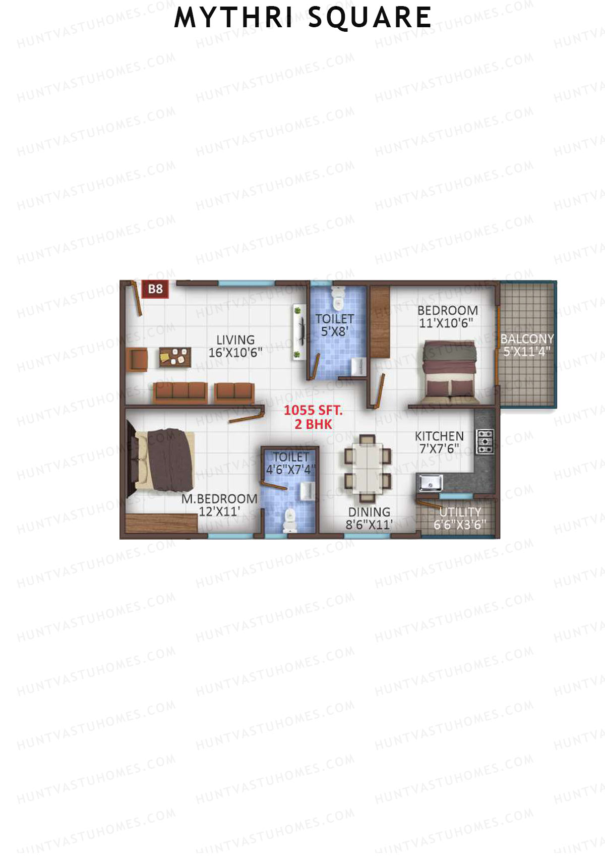 Mythri Square, Block B, Unit B8, 2BHK, Super Area 1055   sq ft 