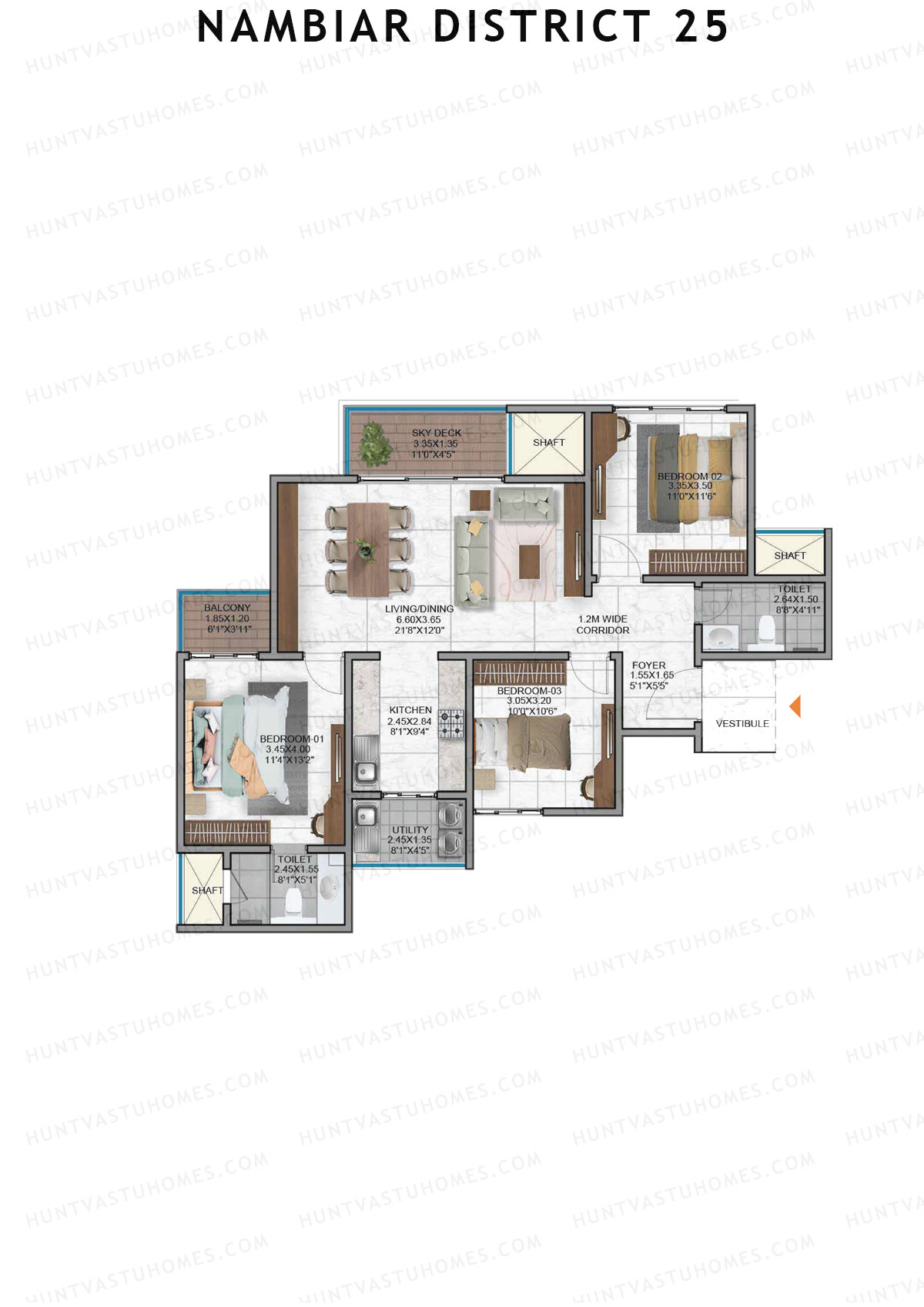 Nambiar District 25, Tower 10, Unit 2, 3BHK, Super Area 1429   sq ft 