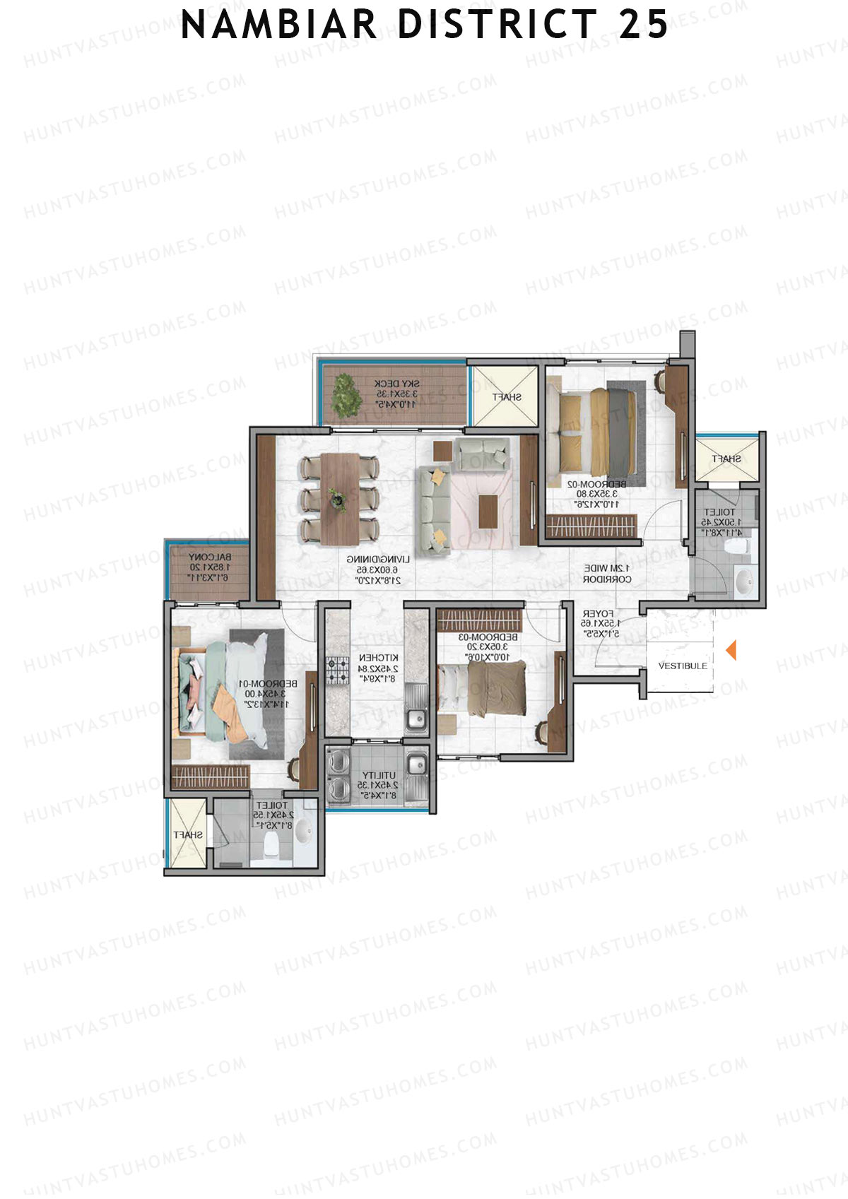 Nambiar District 25, Tower 10, Unit 2, 3BHK, Super Area 1454   sq ft 