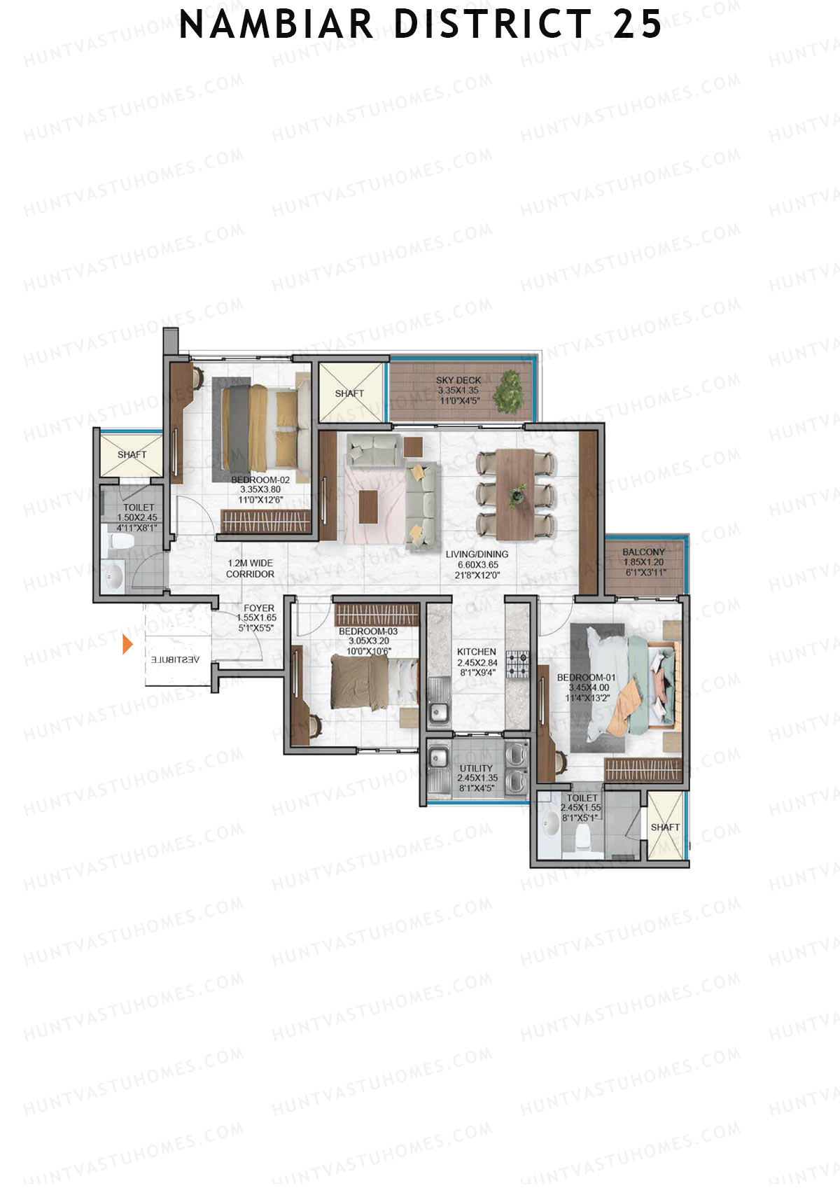 Nambiar District 25, Tower 10, Unit 3, 3BHK, Super Area 1454   sq ft 