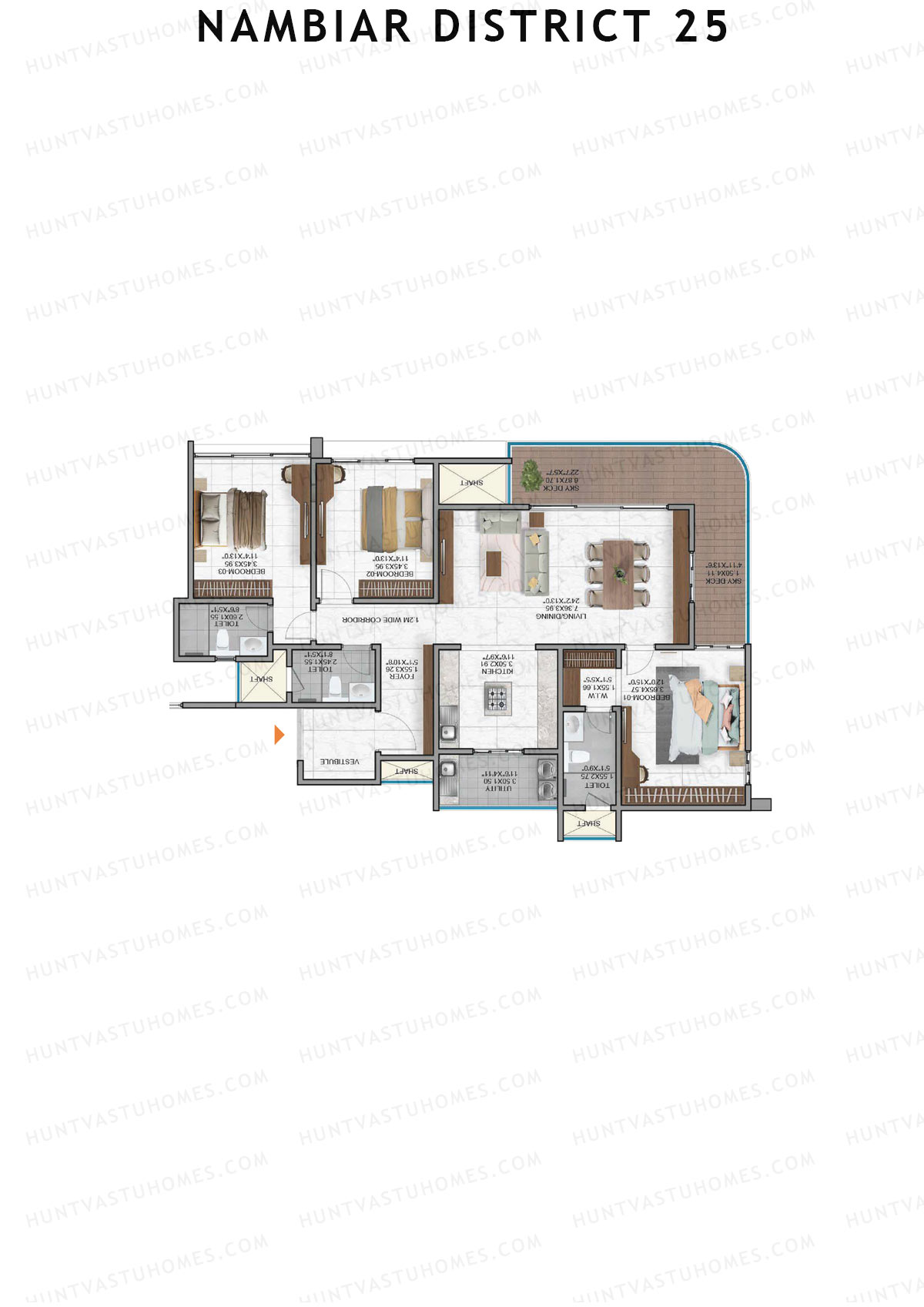 Nambiar District 25, Tower 11, Unit 3, 3BHK, Super Area 2046   sq ft 