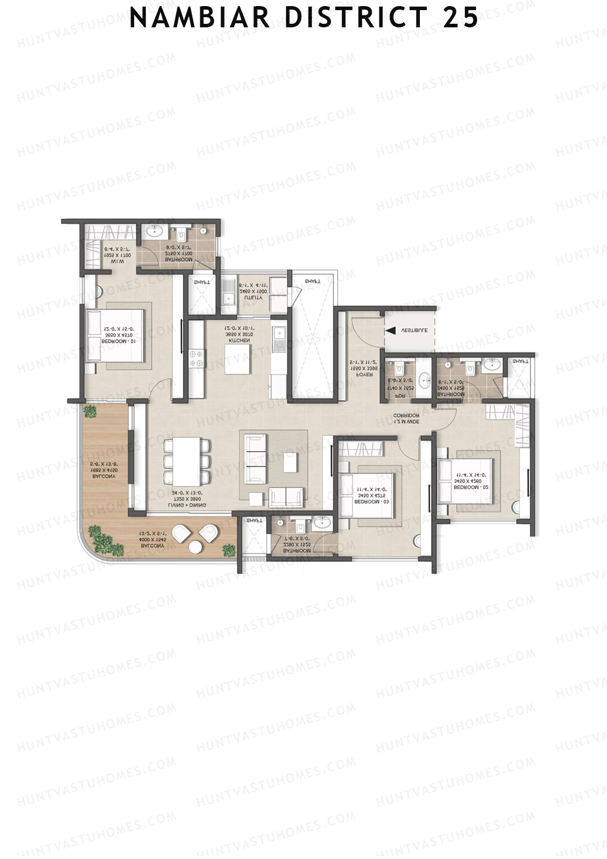Nambiar District 25, Tower 13, Unit 1, 3BHK, Super Area 2060   sq ft 